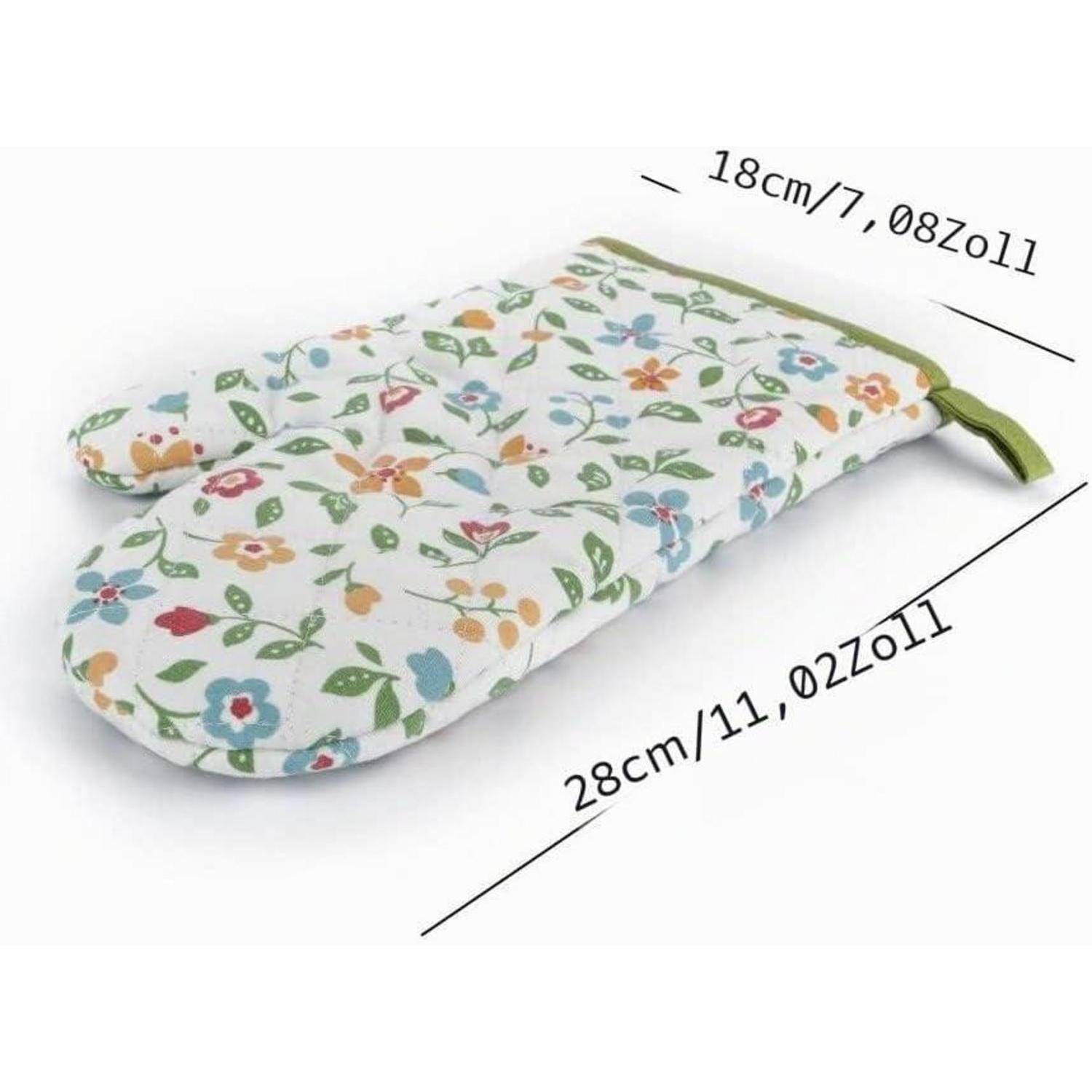 Ofenhandschuh mit Blumenmuster und grünem Rand, auf weißem Hintergrund dargestellt mit gekennzeichneten Abmessungen von 28 cm mal 18 cm.