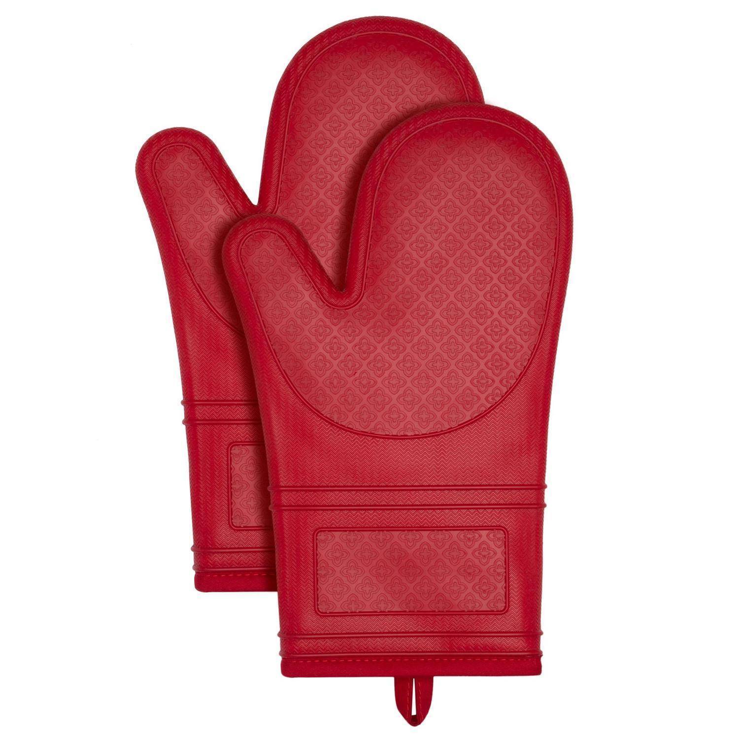 Paar rote Ofenhandschuhe mit Aufhängeschleifen, gezeigt auf weißem Hintergrund.
