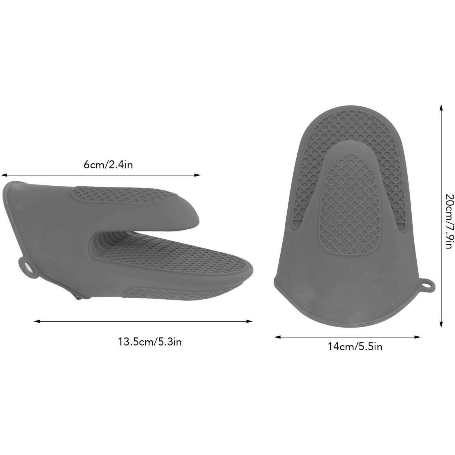 Graue Silikon-Topflappen-Handschuh, geöffnet und von oben gezeigt, mit beschrifteten Abmessungen von 13,5 cm x 14 cm x 20 cm und 6 cm Öffnungsbreite.
