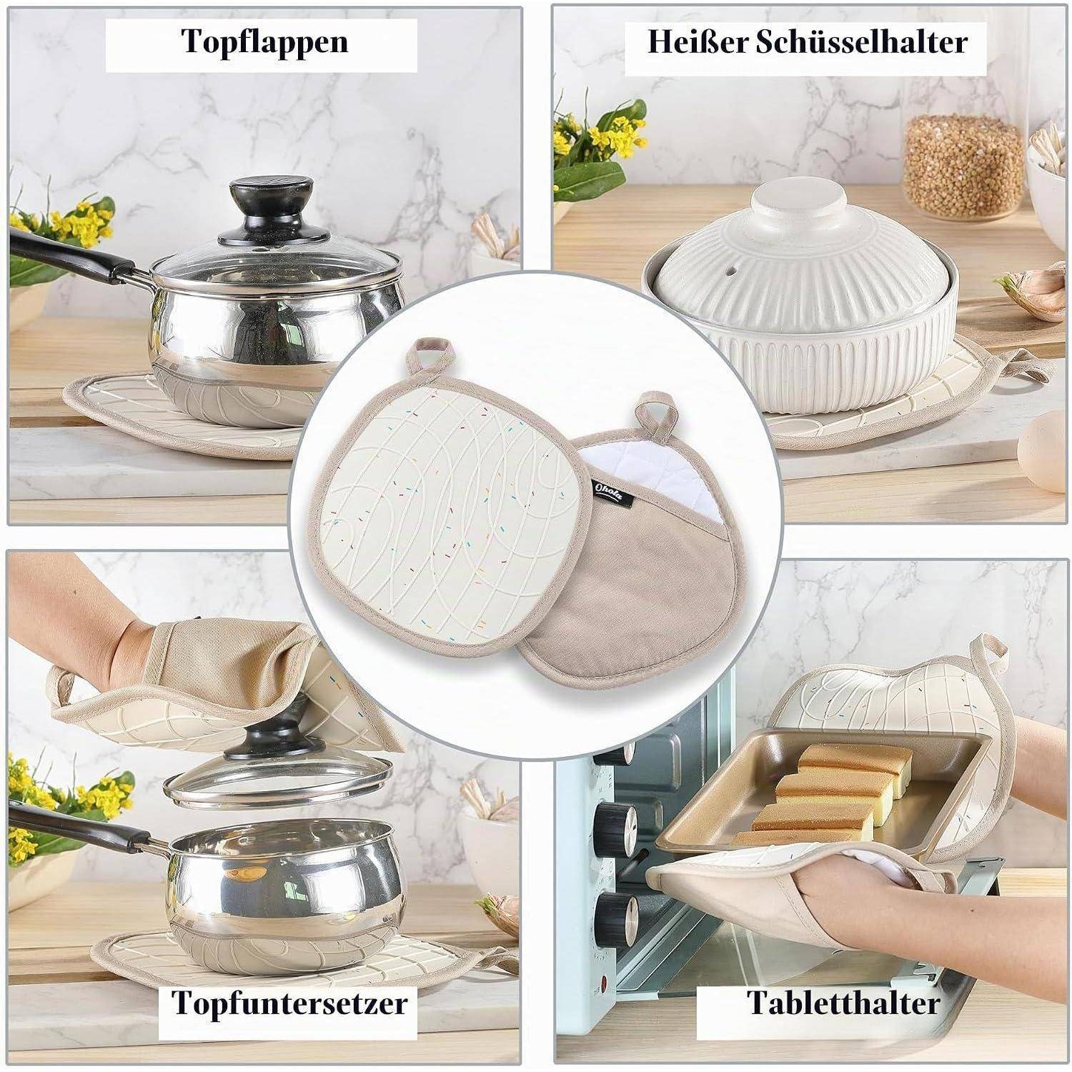 Collage von isolierten Küchenhandschuhen, die als Topfdeckelunterlagen, Auflaufform-Halter, Topfuntersetzer und Tablet-Halter verwendet werden, beschriftet auf Deutsch.