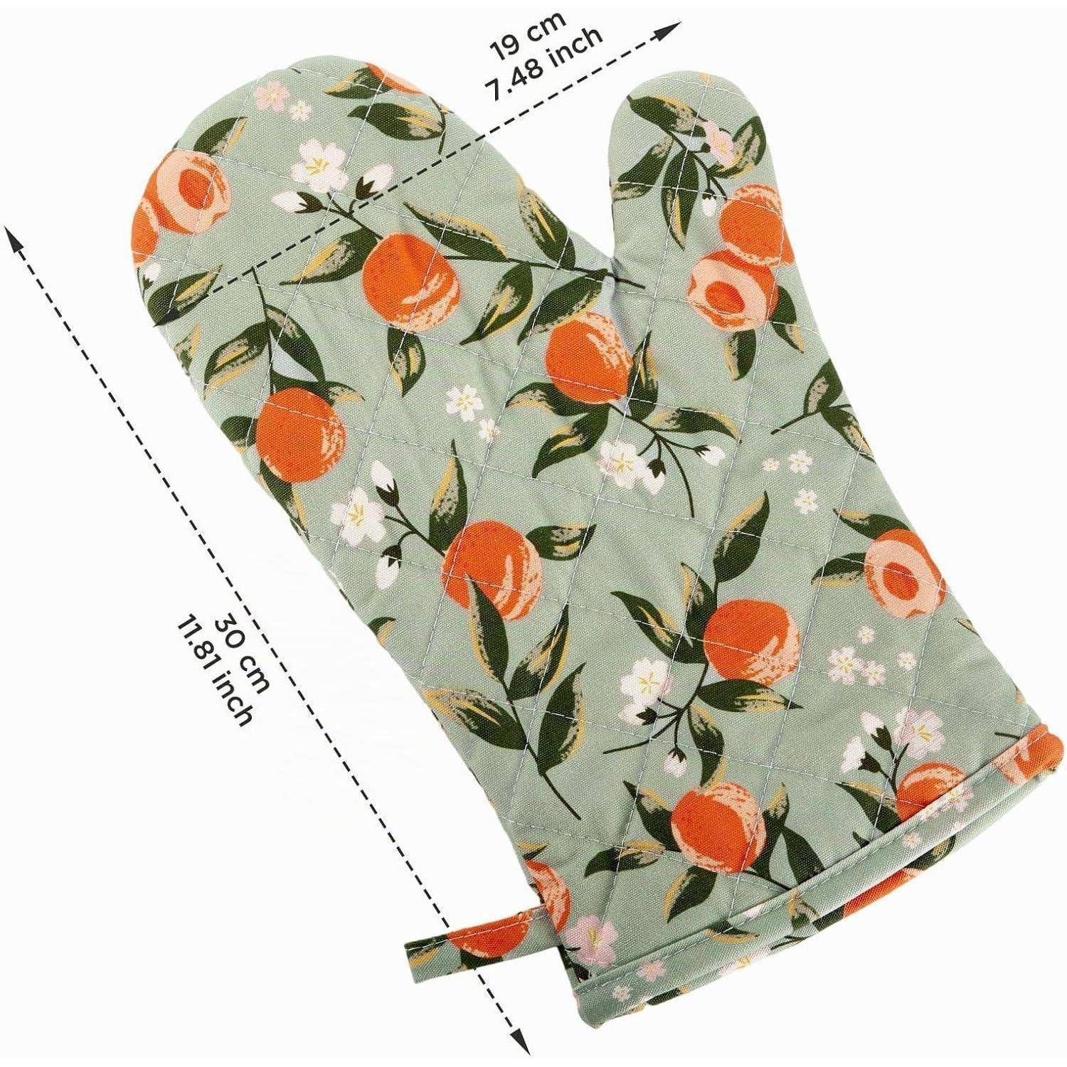 Florale Ofenhandschuhe mit orangefarbenem Obstdruck, gezeigt mit Größenangaben 19 cm breit und 30 cm lang.