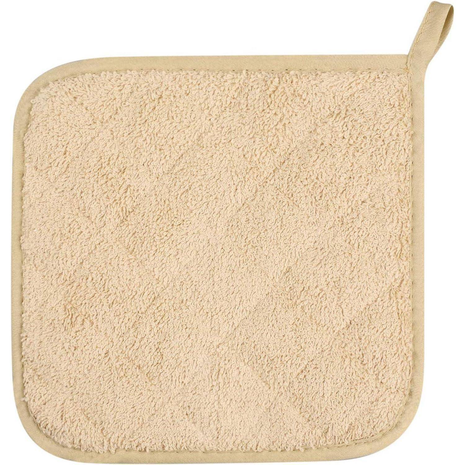 Beiger Frottee-Topflappen mit abgerundeten Ecken und einer Schlaufe zum Aufhängen, flach auf weißem Hintergrund dargestellt.