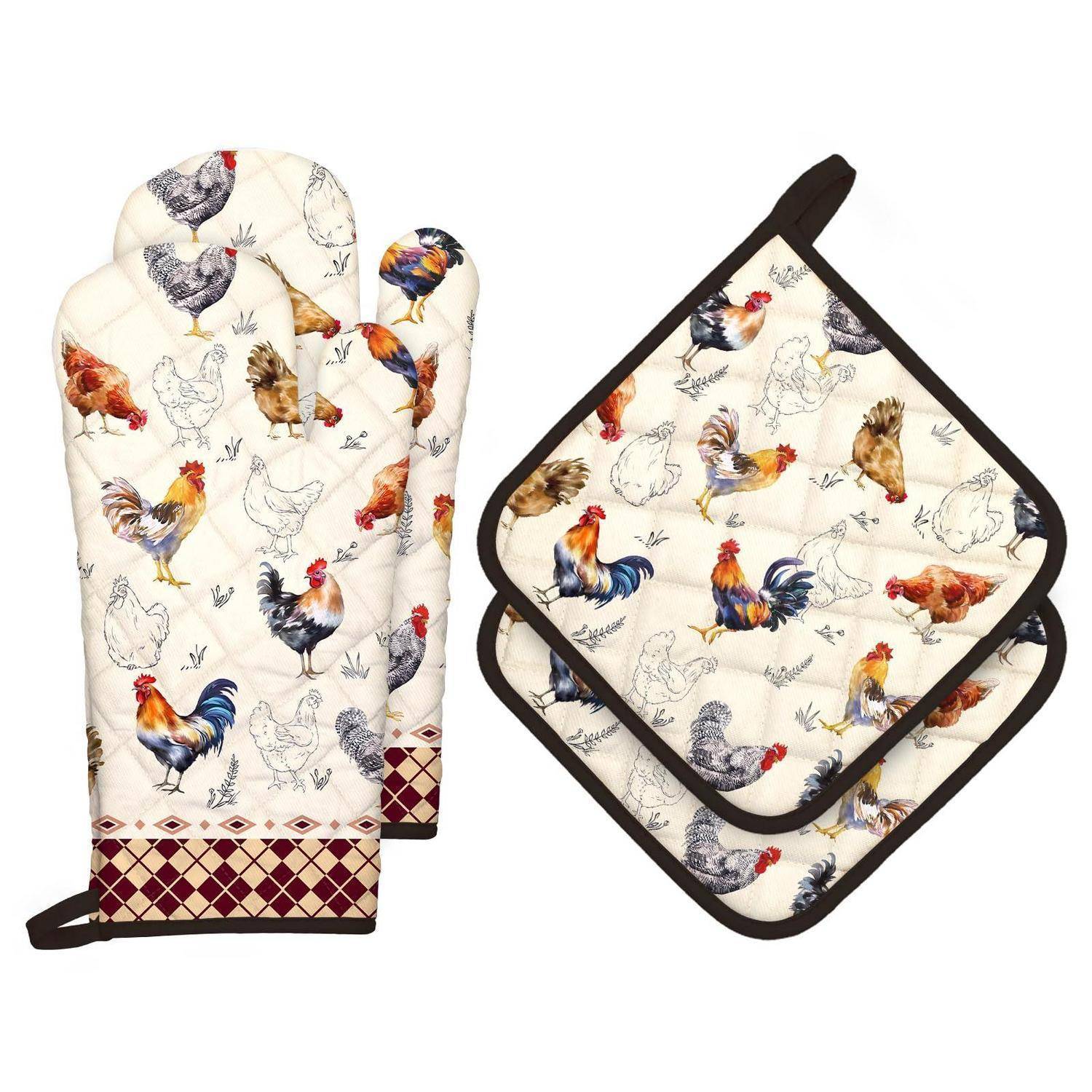 Ofenhandschuh mit Hühnerdruck und passendes Topflappen-Set mit gestepptem Cremestoff und braunem Besatz auf weißem Hintergrund.