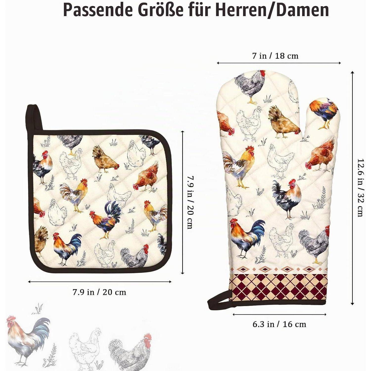 Größenleitfaden für Ofenhandschuh und Topflappen mit Hahnenmotiv: Topflappen 7,9 x 7,9 Zoll (20 x 20 cm), Handschuh 12,6 x 6,3 Zoll (32 x 16 cm), Bündchen 7 Zoll breit.