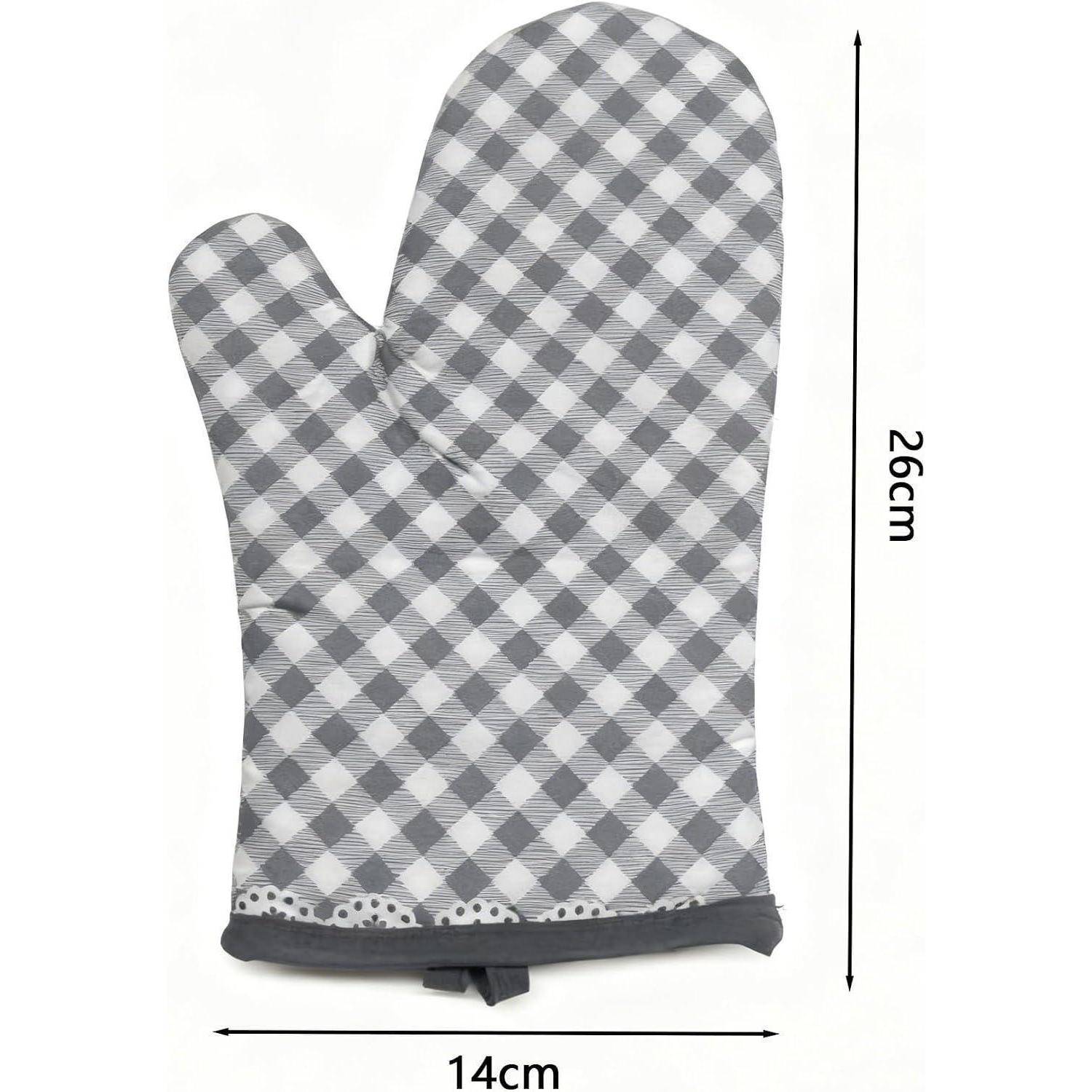 Grauer karierter Ofenhandschuh mit Spitzenverzierung, gezeigt auf weißem Hintergrund mit beschrifteten Abmessungen von 26 cm Höhe und 14 cm Breite.