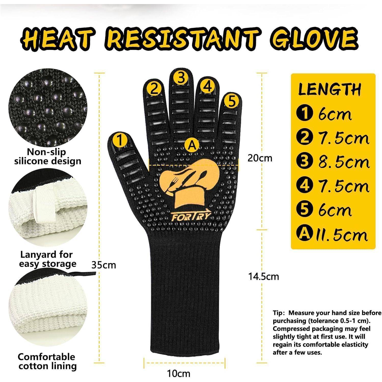 Illustrierter hitzebeständiger Handschuh mit rutschfestem Silikongriff, Baumwollfutter, Umhängeband und gekennzeichneten Abmessungen mit Fingerlängen, Handflächenbreite und Gesamtgröße.