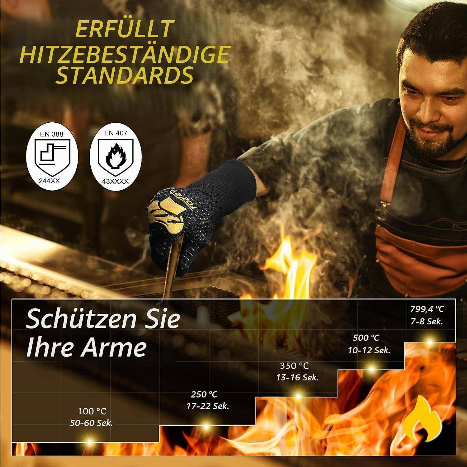 Werbebild eines Mannes, der in der Nähe von Flammen arbeitet und hitzebeständige Handschuhe trägt, mit dem Text „Erfüllt hitzebeständige Standards