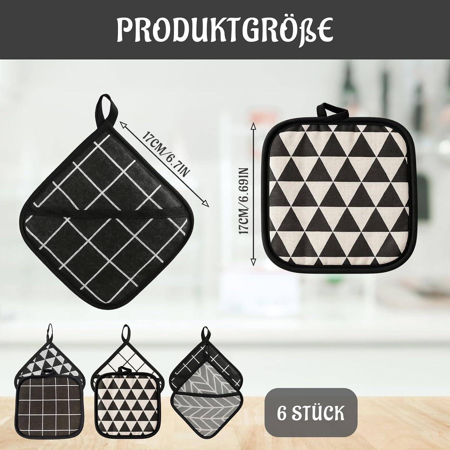 Produktgrößenbild mit zwei schwarz-weißen Topflappen, jeweils 17 cm x 17 cm, und einem Set mit 6 Teilen.