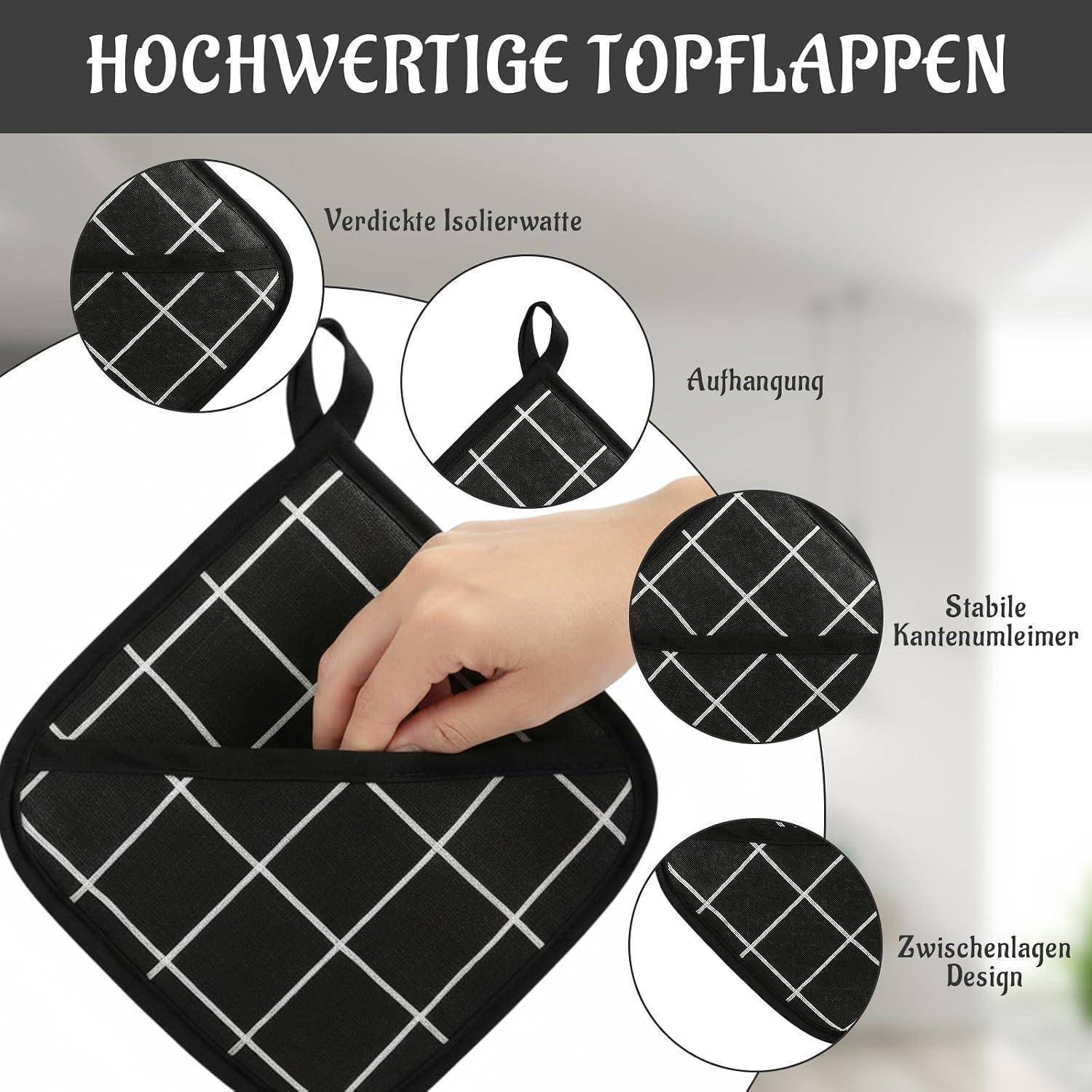 Schwarze rautensteppte Umhängetasche mit Deckelklappe, offen dargestellt mit Hand, die die Klappe anhebt; Beschriftungen heben dicke Isolierung, Aufhängeschlaufe, robuste Kanten und Schichtaufbau hervor.