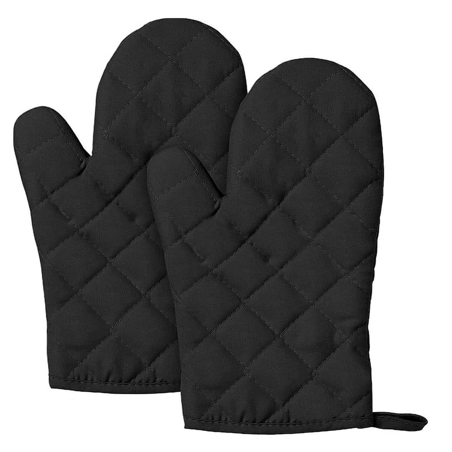 Paar schwarze gesteppte Ofenhandschuhe mit Aufhängeschlaufe