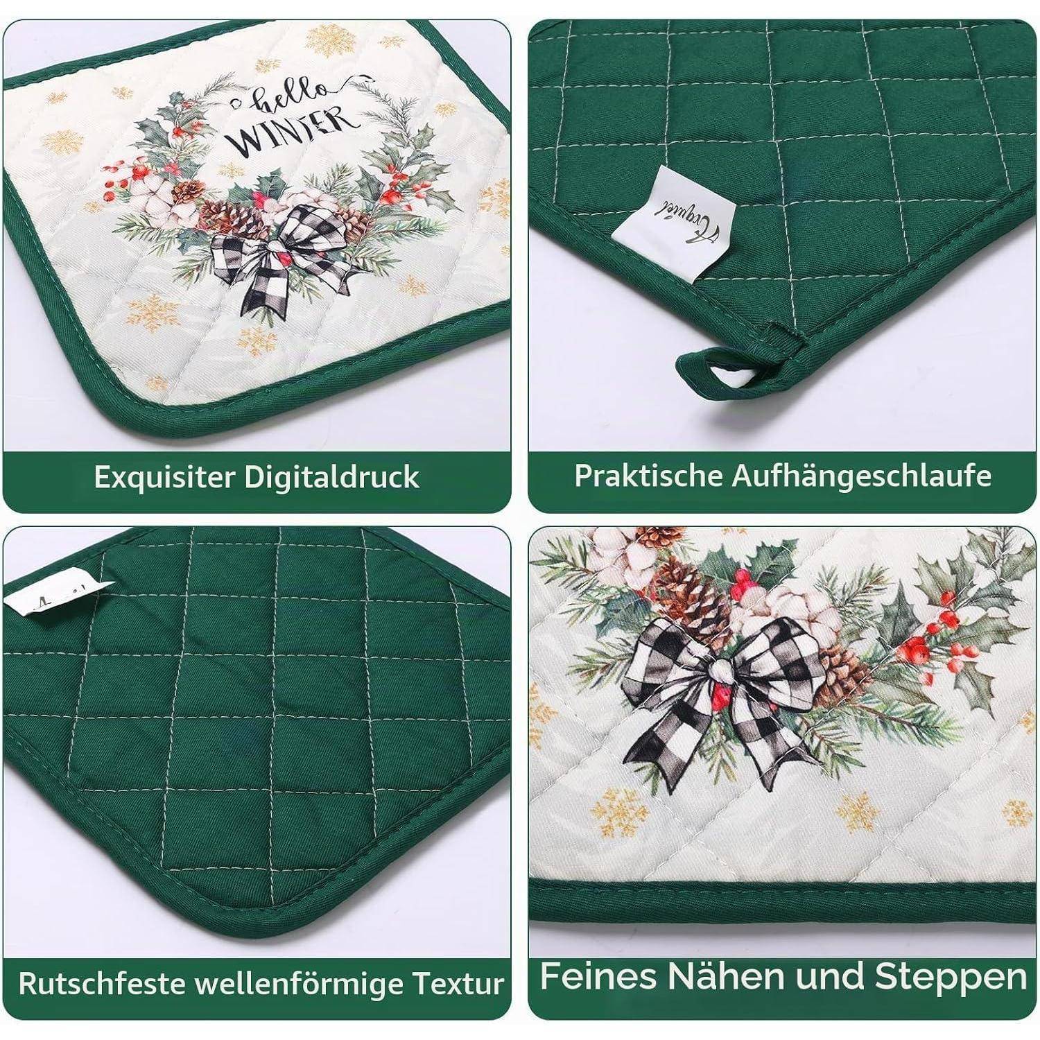 Vierteiliges Produktbild einer gesteppten grünen Topflappen mit 