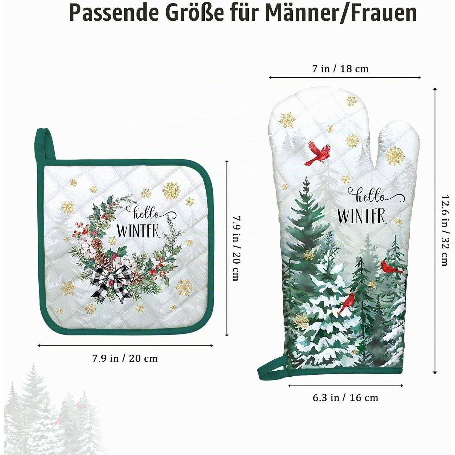 Größenleitfaden für Ofenhandschuhe und Topflappen mit Abmessungen in Zoll und Zentimetern: Topflappen 7,9 x 7,9 Zoll, Handschuh 12,6 x 6,3 Zoll.