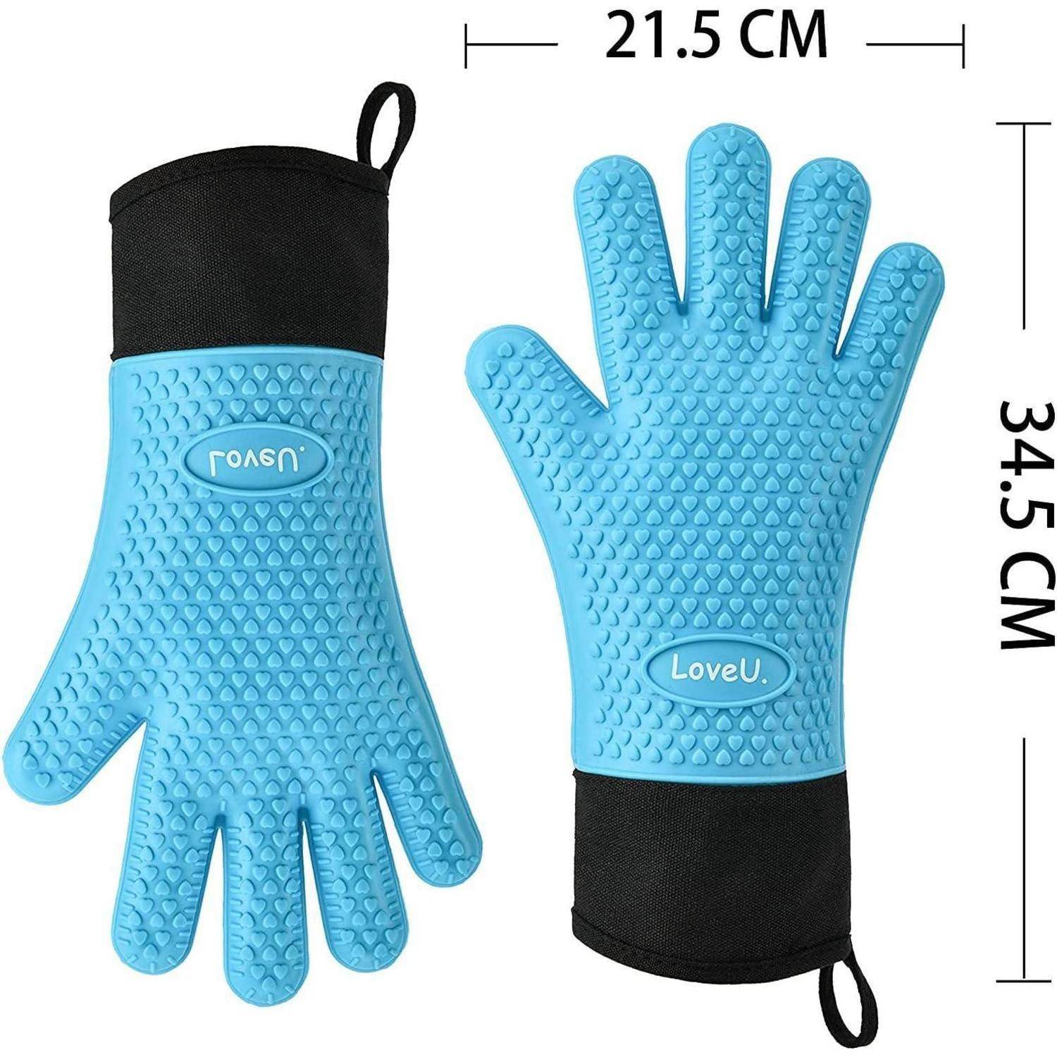 Blaue gummierte Handschuhe mit schwarzen Manschetten und Schlaufen zum Aufhängen, von vorne und hinten gezeigt, mit einer Breite von 21,5 cm und einer Länge von 34,5 cm gekennzeichnet.