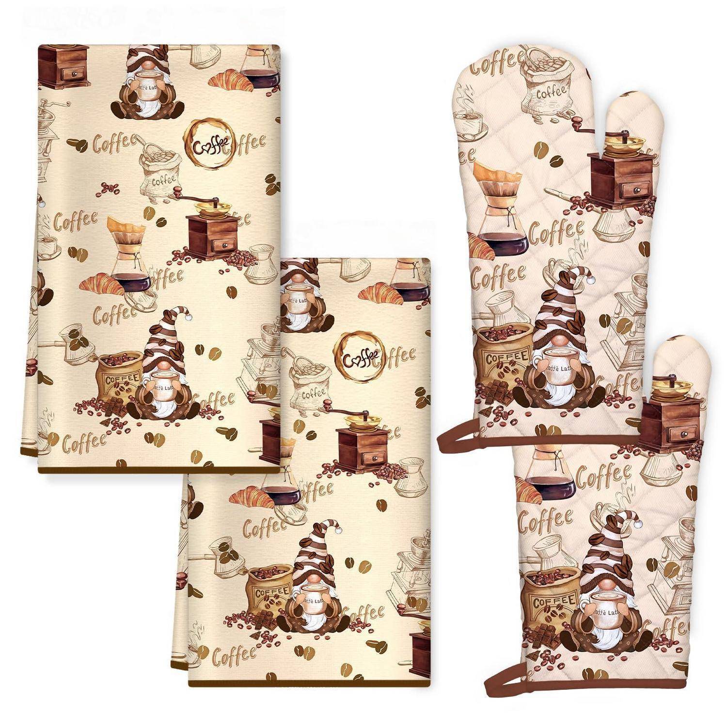 Kaffee-motivierte Textilprodukte, einschließlich Ofenhandschuhe und Topflappen, bedruckt mit Tassen, Bohnen, Croissants und dem Text „Kaffee
