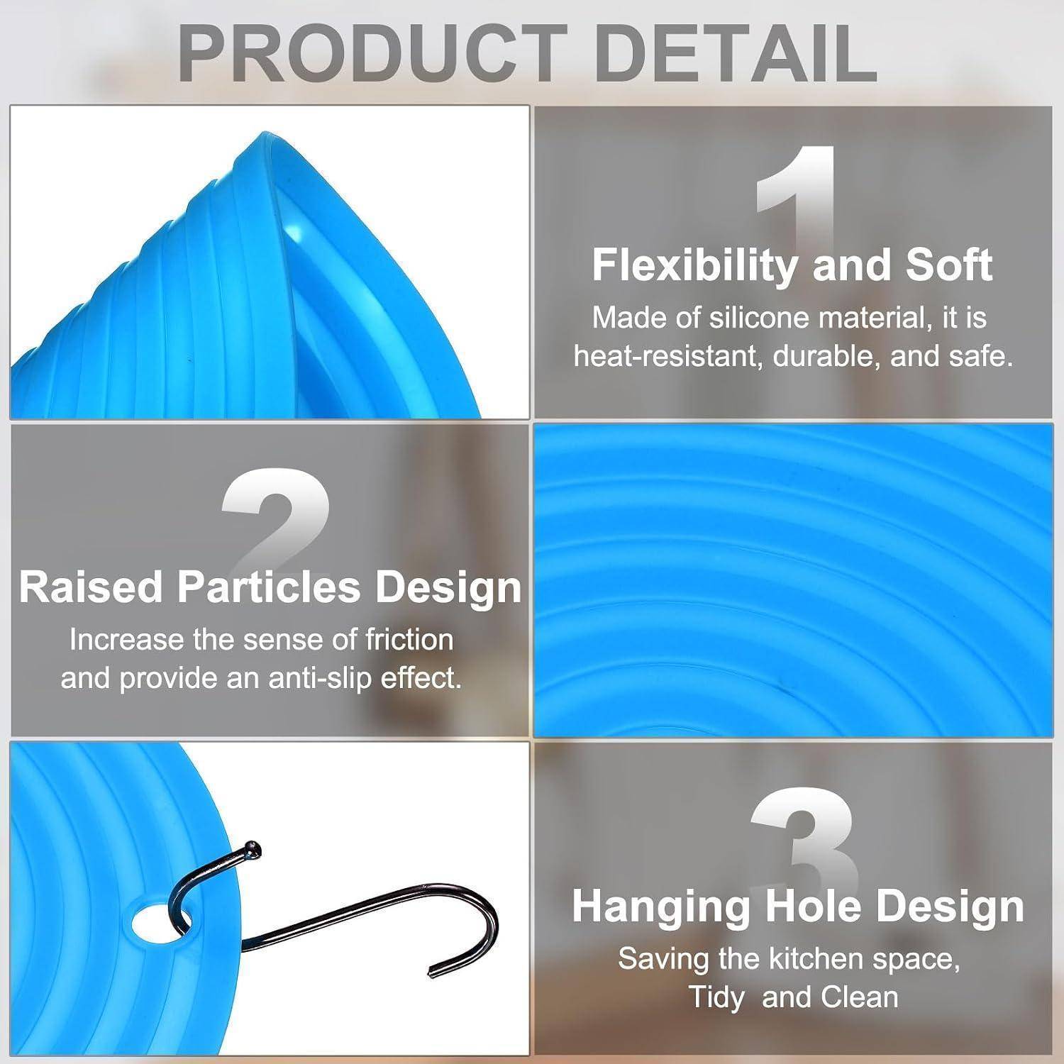Produktdetailgrafik für eine blaue Silikonmatte mit drei Funktionen: Flexibilität und Weichheit, erhabene rutschsichere Partikel und ein Aufhängeloch-Design.
