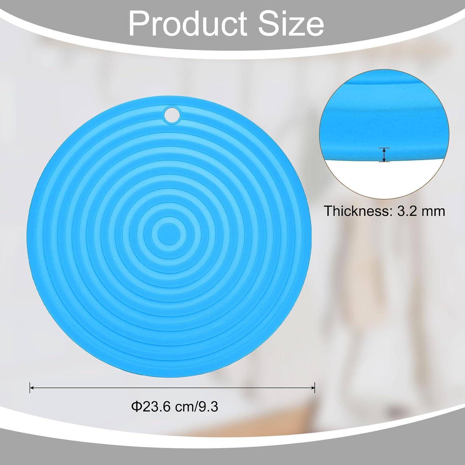 Größentabelle für das Produkt mit einer blauen kreisförmigen Matte mit Aufhängeloch, 23,6 cm (9,3 Zoll) Durchmesser und 3,2 mm Dicke.