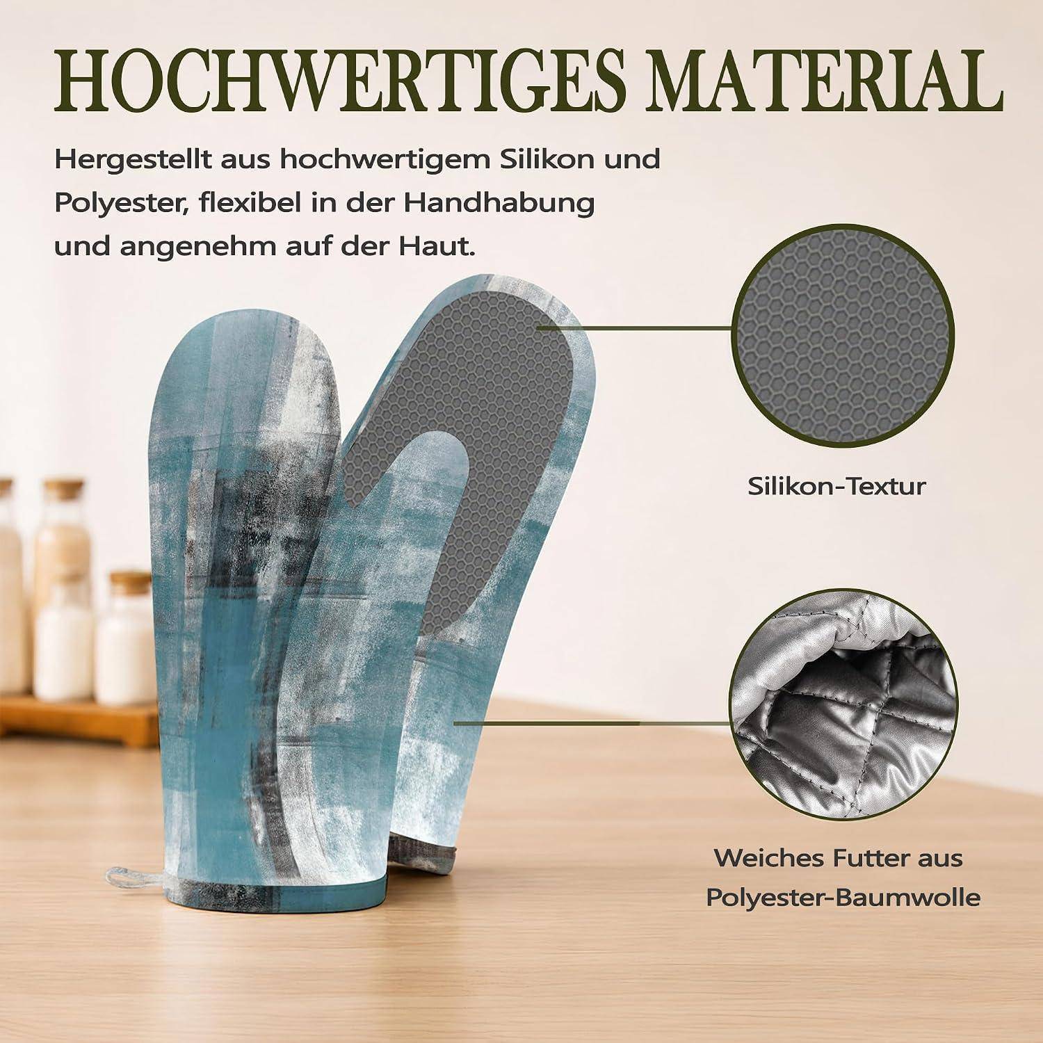 Produktabbildung zeigt zwei gemusterte Ofenhandschuhe mit Beschriftungen für „Silikon-Textur