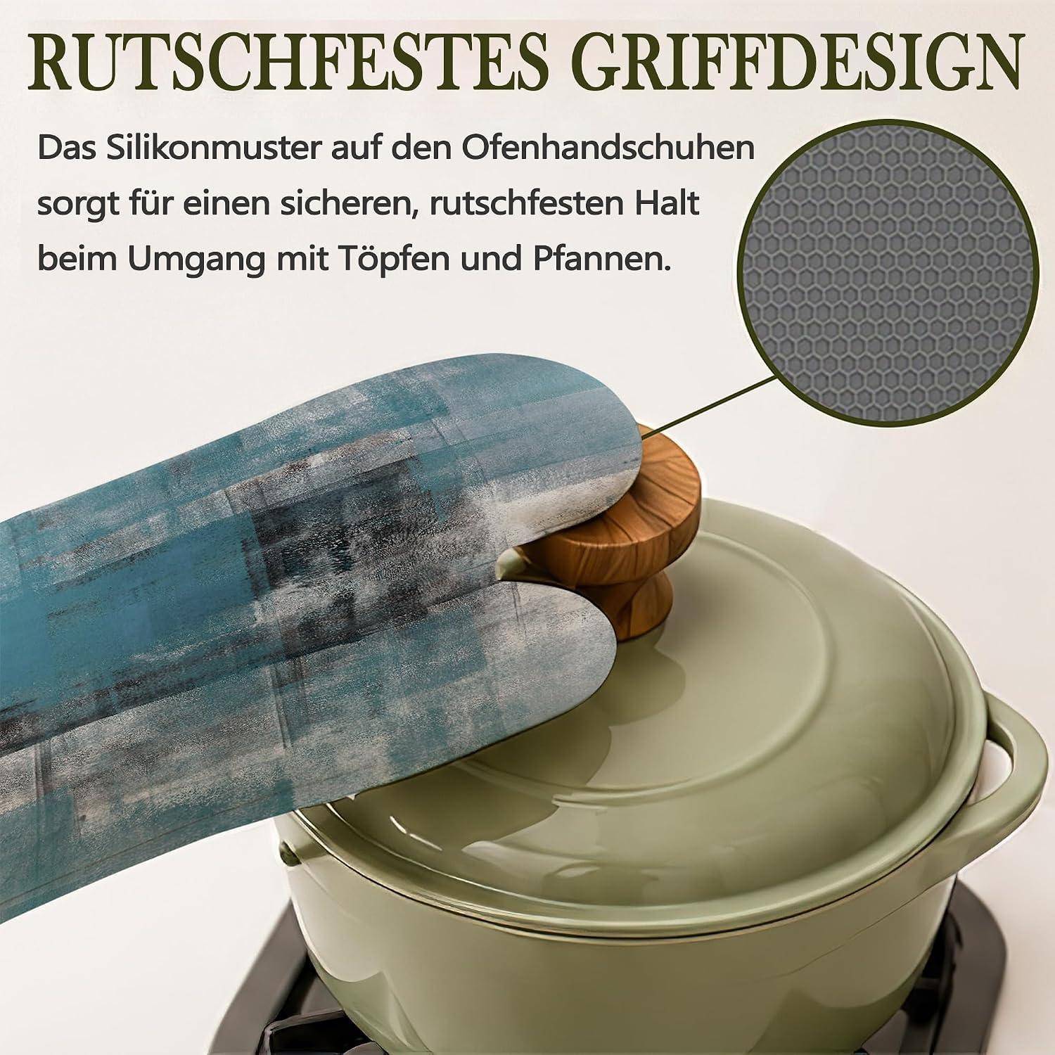 Grafik eines Ofenhandschuhs, der einen heißen Topf greift, wobei eine Silikonstruktur für sicheres, rutschfestes Handling hervorgehoben wird; deutscher Text lautet „Rutschfestes Griffdesign