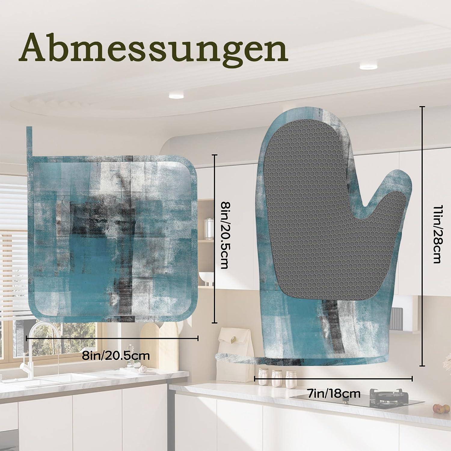 Größentabelle für einen transparenten Ofenhandschuh mit Vorder- und Seitenansicht, gekennzeichnete Abmessungen: 8in/20,5cm breit, 11in/28cm hoch, 7in/18cm Breite.