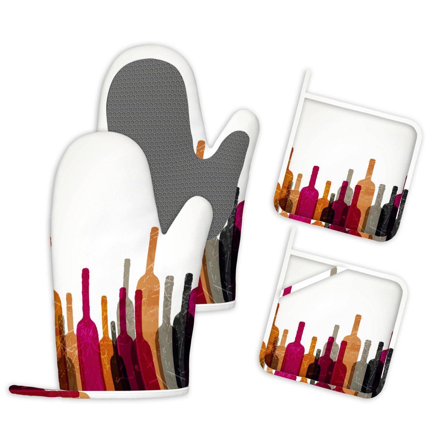 Zwei weiße Ofenhandschuhe und zwei passende Topflappen mit einem mehrfarbigen Flaschenprint werden auf weißem Hintergrund präsentiert.