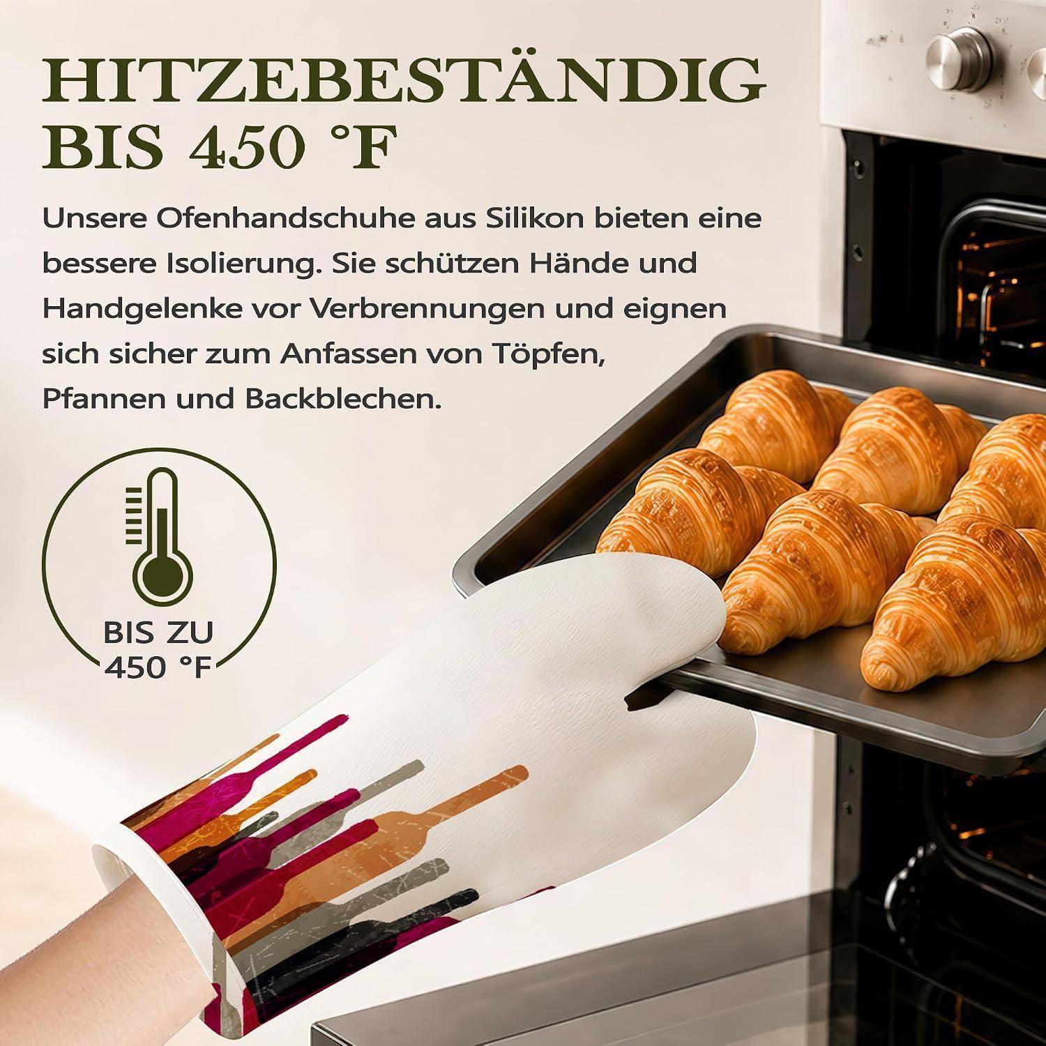 Werbebild einer Silikon-Ofenhandschuh, der ein heißes Backblech mit Croissants hält, neben Text, der Hitzebeständigkeit bis zu 450°F behauptet.