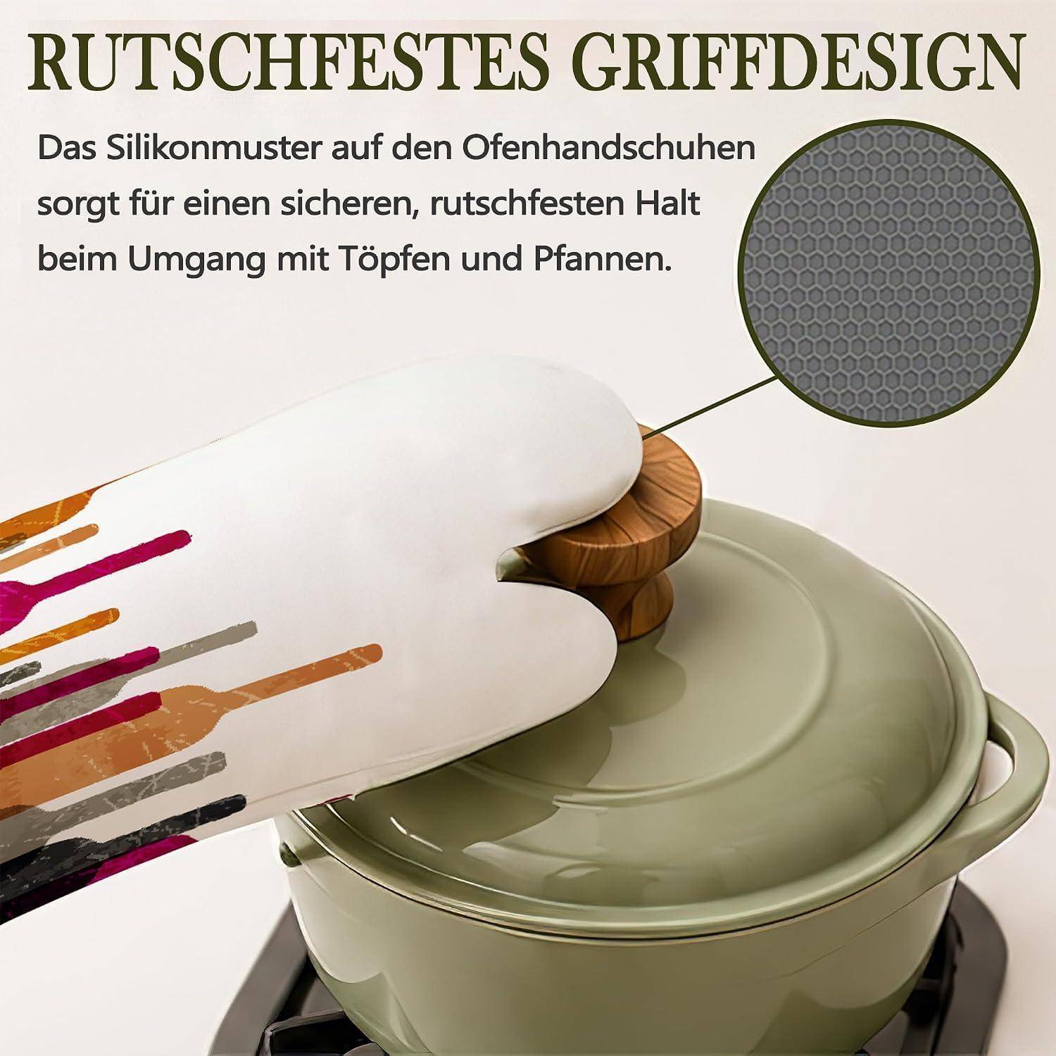 Ofenhandschuh mit Silikongriff hält einen Topfdeckel; Ausschnitt zeigt Struktur des Griffmusters und veranschaulicht sichere, rutschfeste Handhabung.