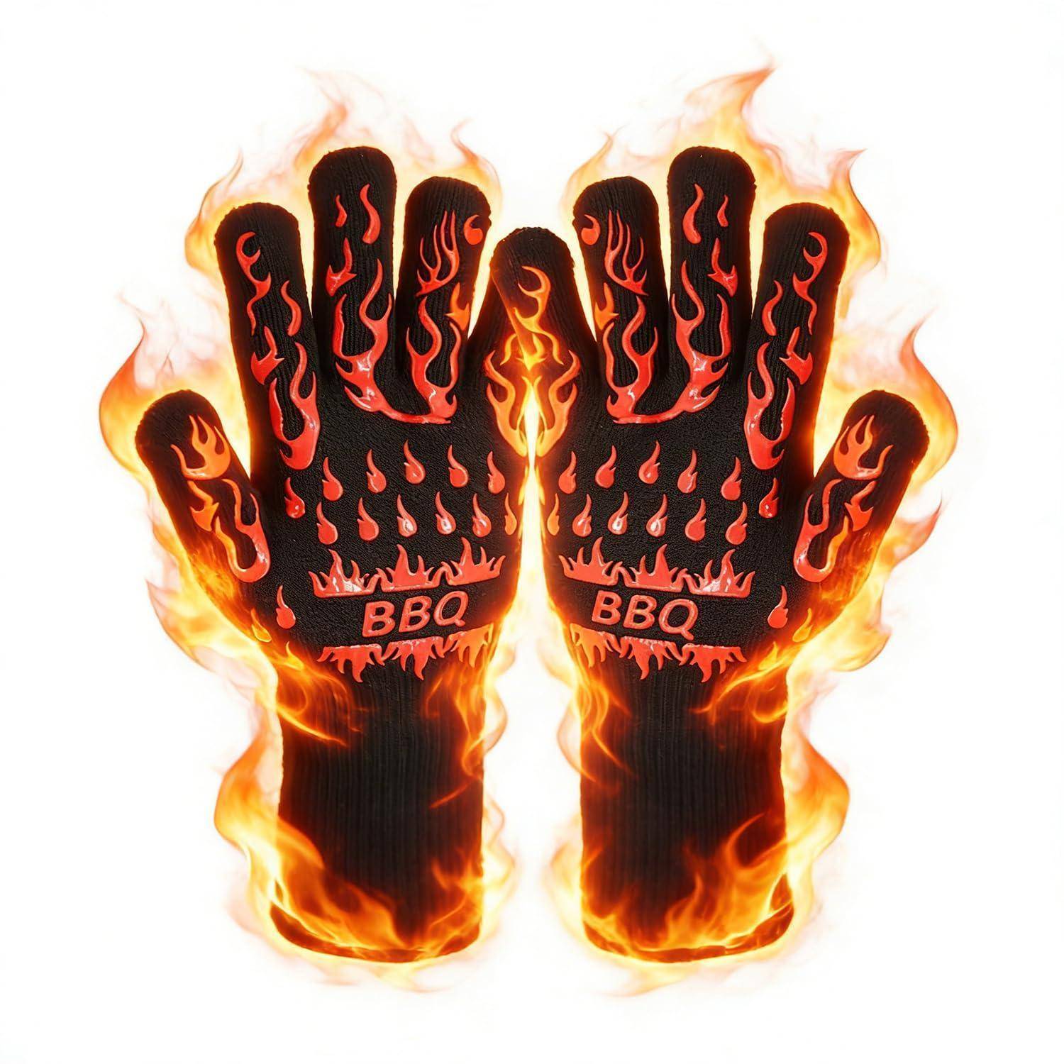 Paar schwarze Grillhandschuhe mit roten Flammengrafikdruck, gezeigt mit leuchtend orange brennenden Flammen auf weißem Hintergrund.