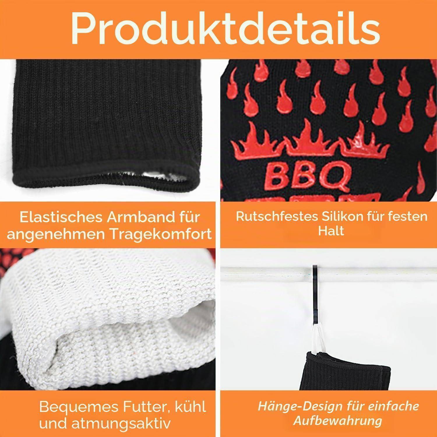 Produktdetails-Collage für einen BBQ-Handschuh: elastische Manschette, rutschfestes Silikongriff, atmungsaktives Futter und Aufhängeschlaufe zur Aufbewahrung.