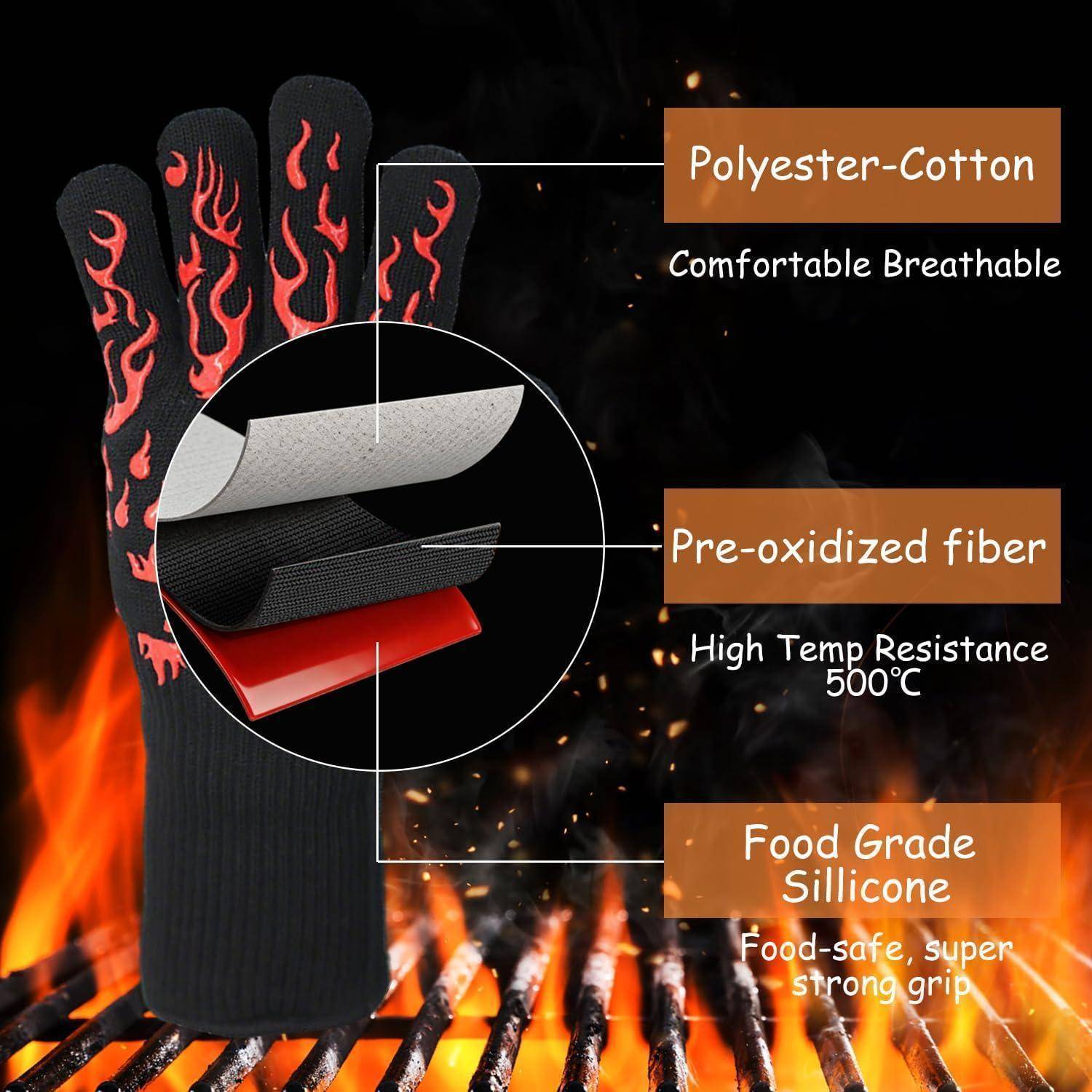 Illustration eines hitzebeständigen Handschuhs mit gekennzeichneten Schichtmaterialien: Polyester-Baumwolle, voroxidierte Faser und lebensmittelgeeignetes Silikon; zeigt Komfort, 500°C-Beständigkeit und starken Griff.