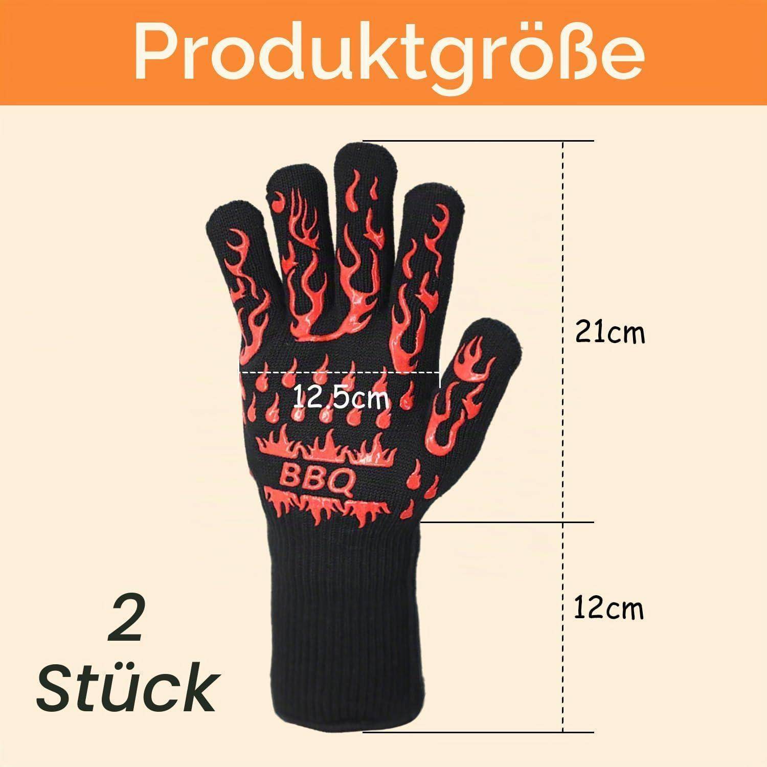 Produktgrößen-Grafik mit 2 BBQ-Flammenhandschuhen, jeweils 21 cm lang mit 12,5 cm Handflächenbreite und 12 cm Manschettenlänge.