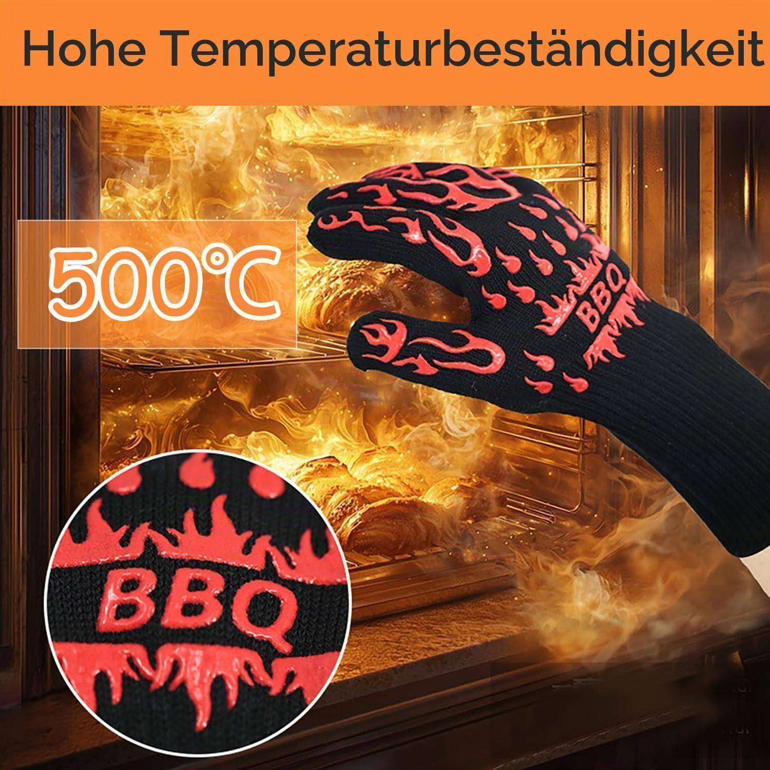 Werbebild eines hitzebeständigen Grillhandschuhs in einem Ofen, gekennzeichnet mit „Hohe Temperaturbeständigkeit