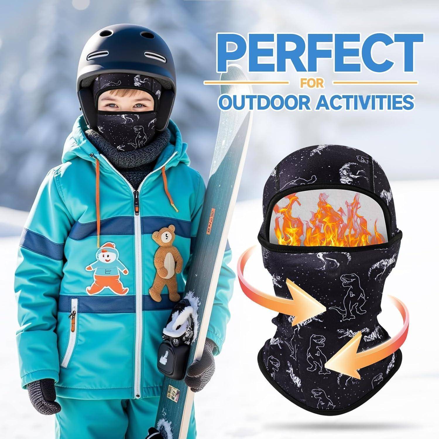 Werbegrafik eines Kindes in Skiausrüstung, das neben einer beheizten Gesichtsmaske ein Snowboard hält, mit dem Text „PERFEKT FÜR OUTDOOR-AKTIVITÄTEN".