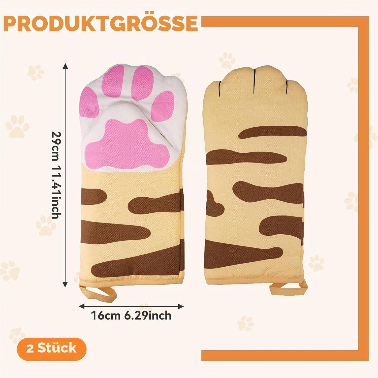 Das Bild zeigt die Produktgröße für zwei katzentatzen-themed Ofenhandschuhe, gekennzeichnet mit 29 cm Höhe und 16 cm Breite, mit „2 Stück