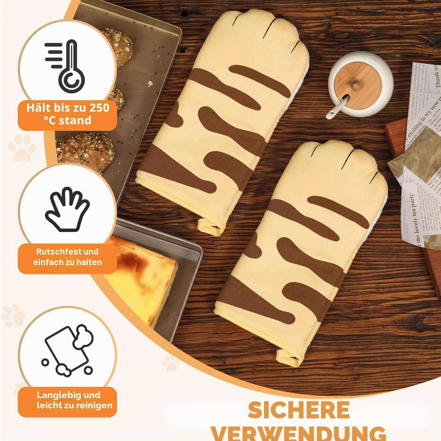 Werbebild von zwei Ofenhandschuhen auf einem Holztisch neben Backblechen, einer Kaffeetasse und deutschen Funktionssymbolen, die Hitzebeständigkeit bis 250°C, rutschfesten Griff und einfache Reinigung beanspruchen.