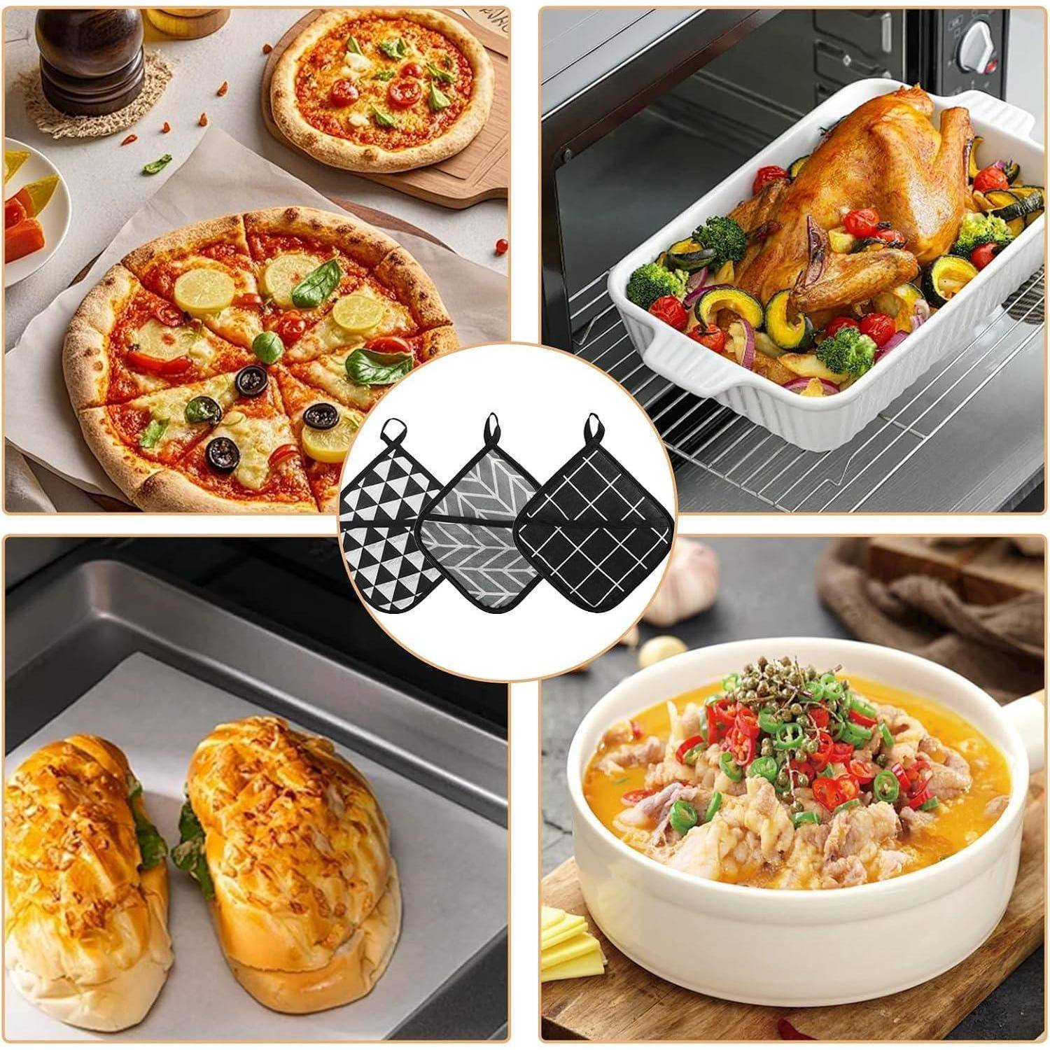 Collage der Ofennutzung mit schwarzen gesteppten Ofenhandschuhen, zeigt Pizza, gebratenes Hähnchen, gebackenes Brot und einen Auflauf, die sicher handhaben werden.