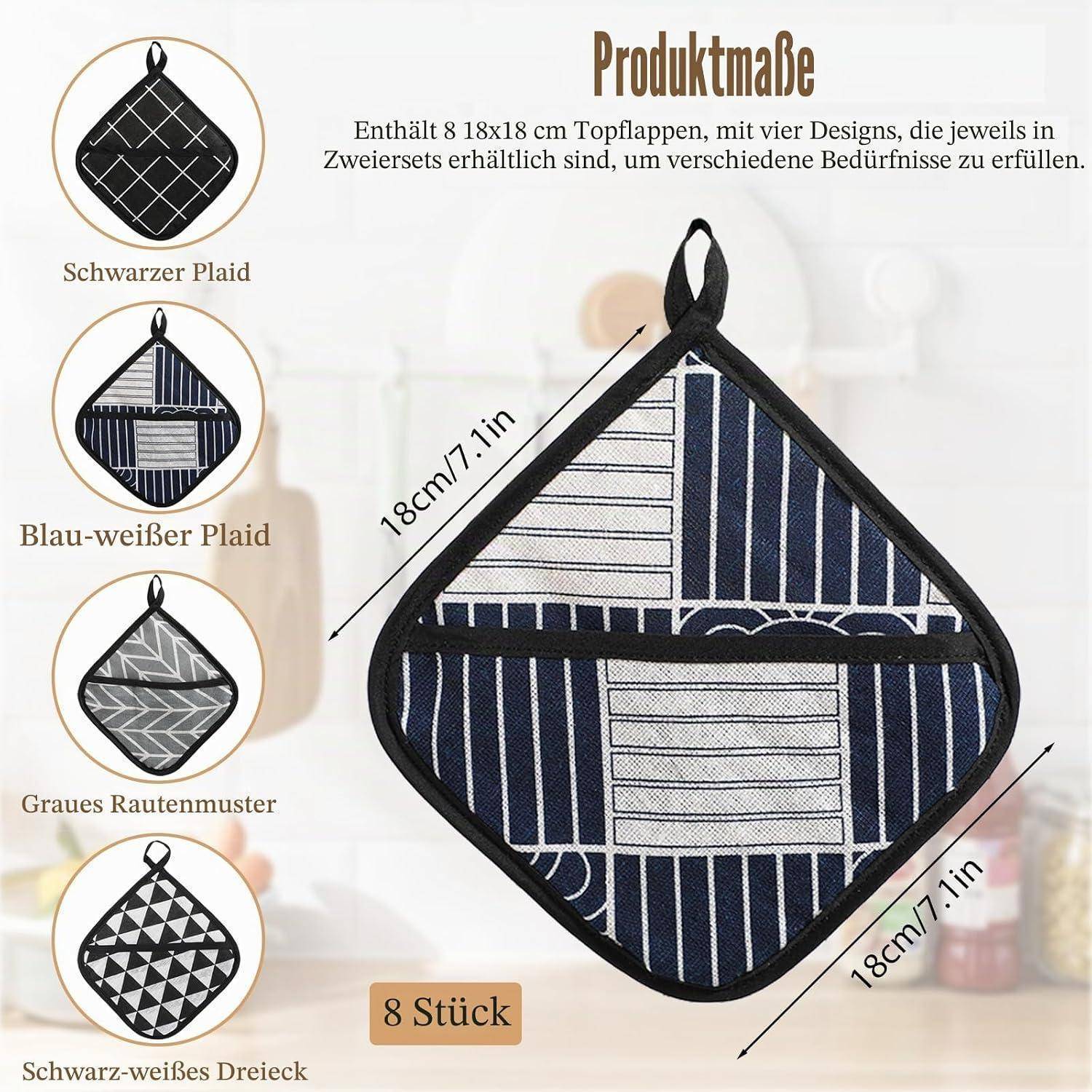 Produktgrößengrafik für ein gestepptes quadratisches Topflappen, 18 x 18 cm, dargestellt mit drei Mustern: schwarzes Karomuster, blau-weißes Karomuster und grau Rauten-muster.