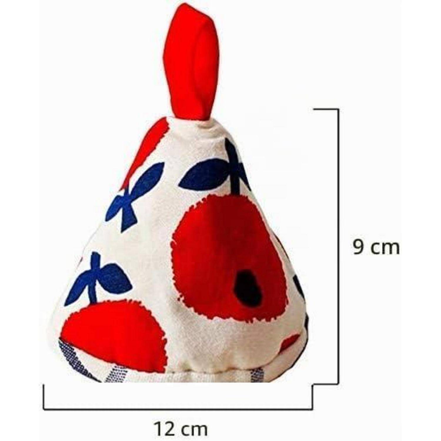 Kegelförmiger Stoffbeutel mit roter Zugkordel, dargestellt mit Abmessungen: 12 cm breit und 9 cm hoch.