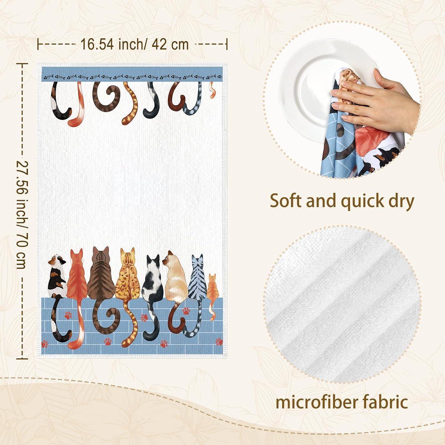 Mikrofaser-Küchentuch mit Katzen, hängend an einem blauen Gestell, 16,54 x 27,56 Zoll; Text hebt „Weich und schnelltrocknend