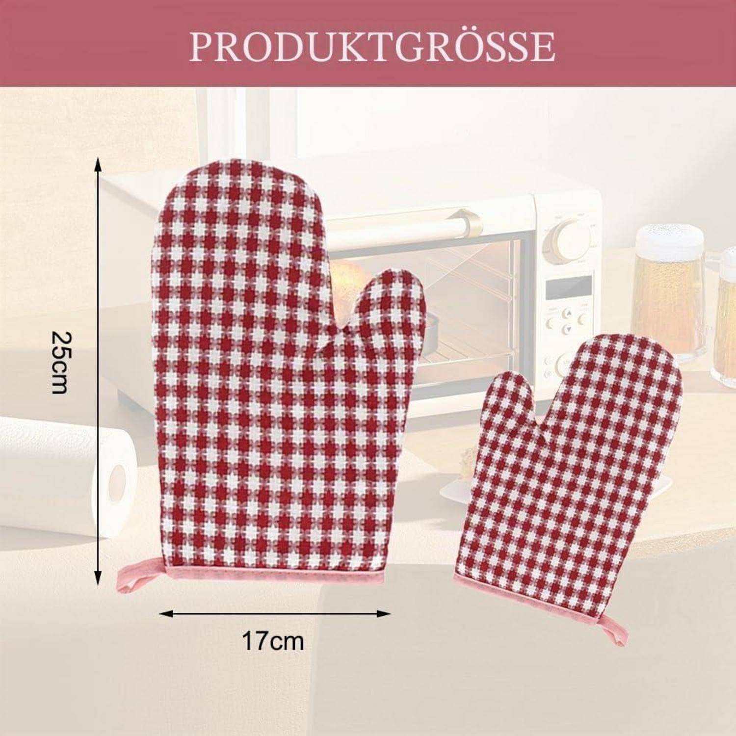 Illustration zweier rot-weiß karierter Ofenhandschuhe zeigt die Produktgröße: 25 cm hoch und 17 cm breit.