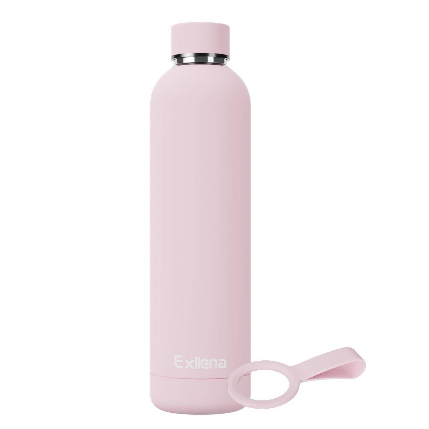 Rosa isolierte Flasche mit passendem Schleifengriff, mit der Marke „Exllena