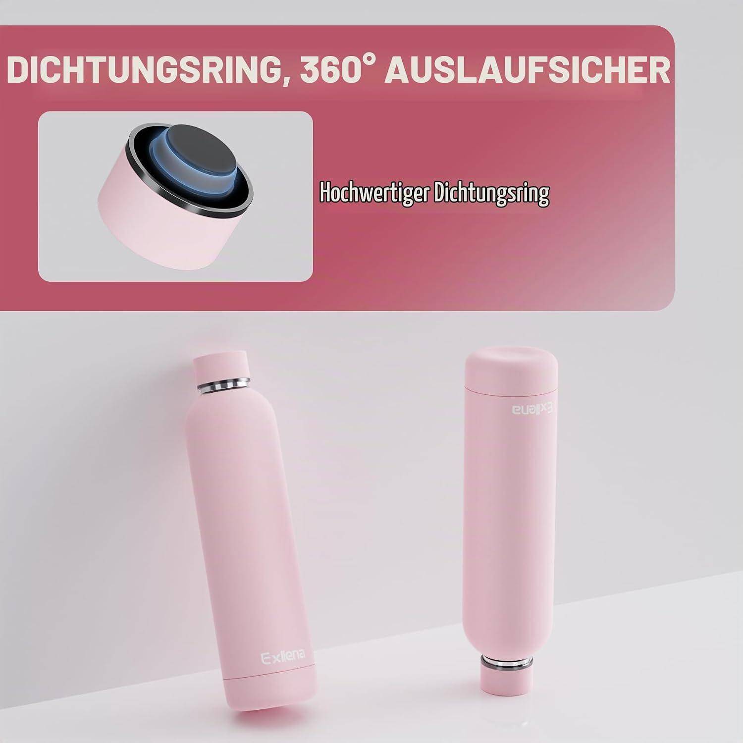 Rosa Thermoflasche mit einer 360°-Dichtungsring-Aufsicht, mit eingefügter Nahaufnahme mit der Bezeichnung „Hochwertiger Dichtungsring