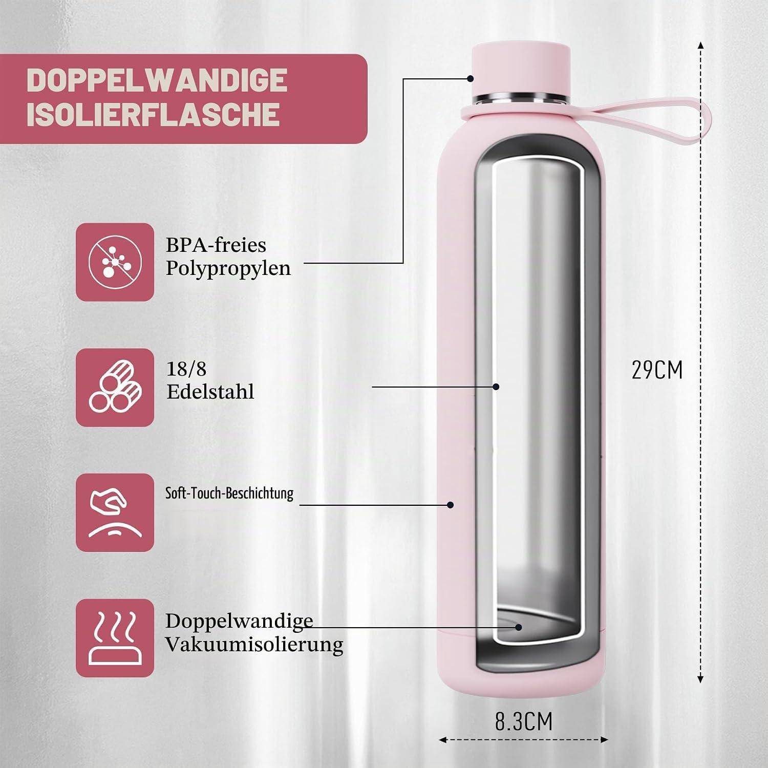 Infografik einer rosa doppelwandigen isolierten Flasche, gekennzeichnet als BPA-frei Polypropylen, 18/8 Edelstahl, Soft-Touch-Beschichtung, Vakuumisolierung, 29 cm groß und 8,3 cm breit.