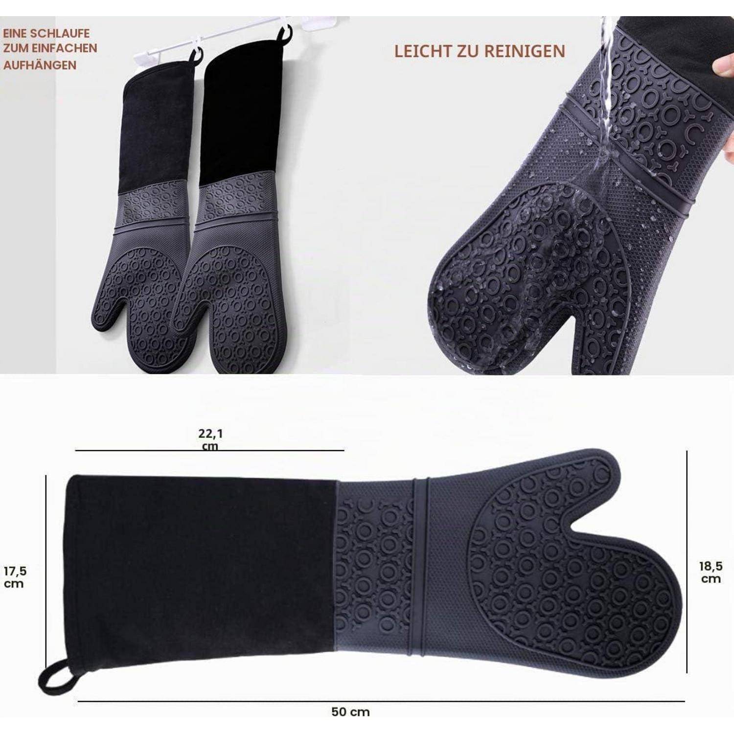 Graue Silikon-Ofenhandschuhe mit gemustertem Griff, gezeigt beim Aufhängen und in Nahaufnahme, gekennzeichnet als leicht zu hängen und zu reinigen; Größe angegeben als 50 cm lang.