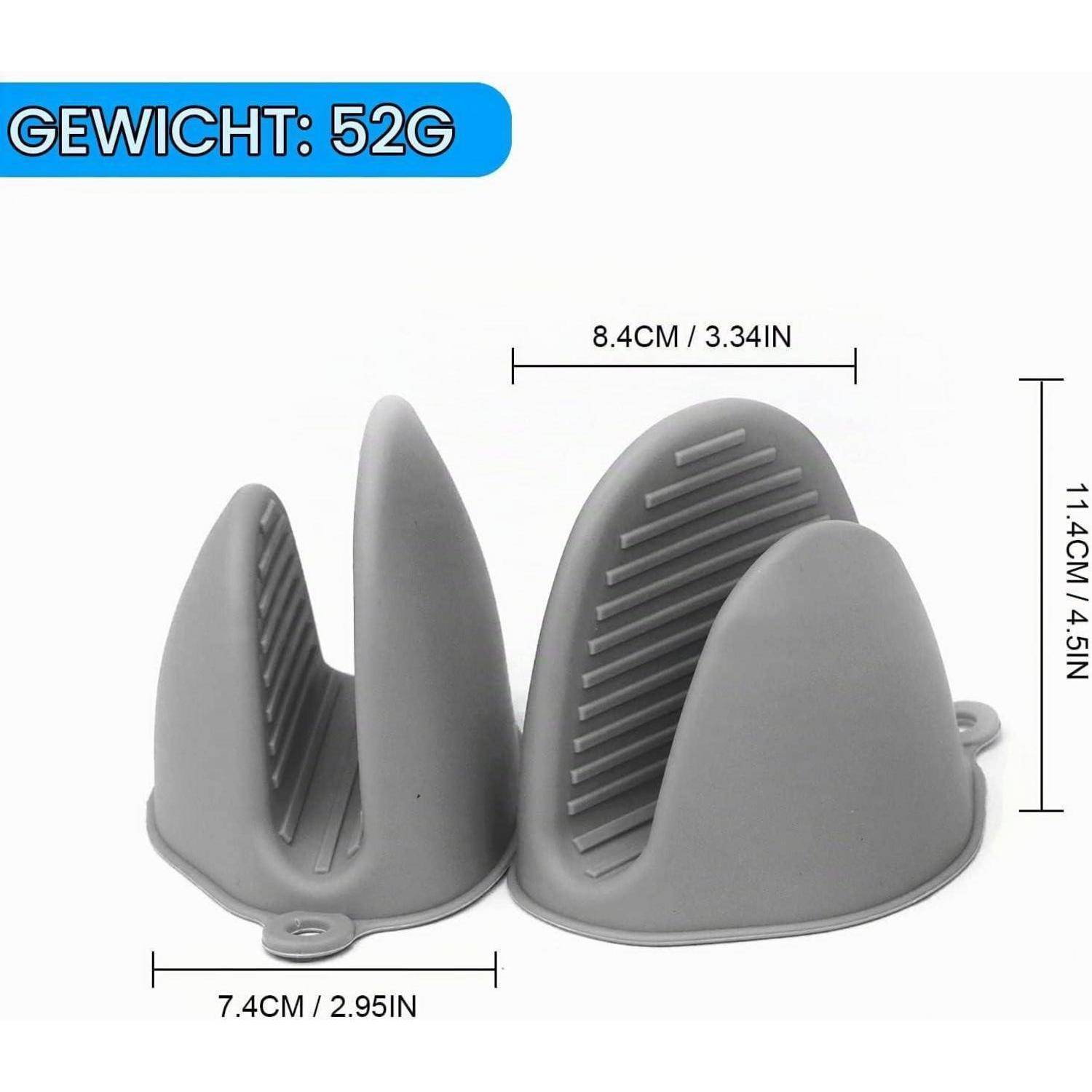 Graue Silikon-Ofenhandschuhhälter von vorne und von der Seite gezeigt, beschriftet mit 8,4 cm Breite, 11,4 cm Höhe, 7,4 cm Tiefe, Gewicht 52 g.
