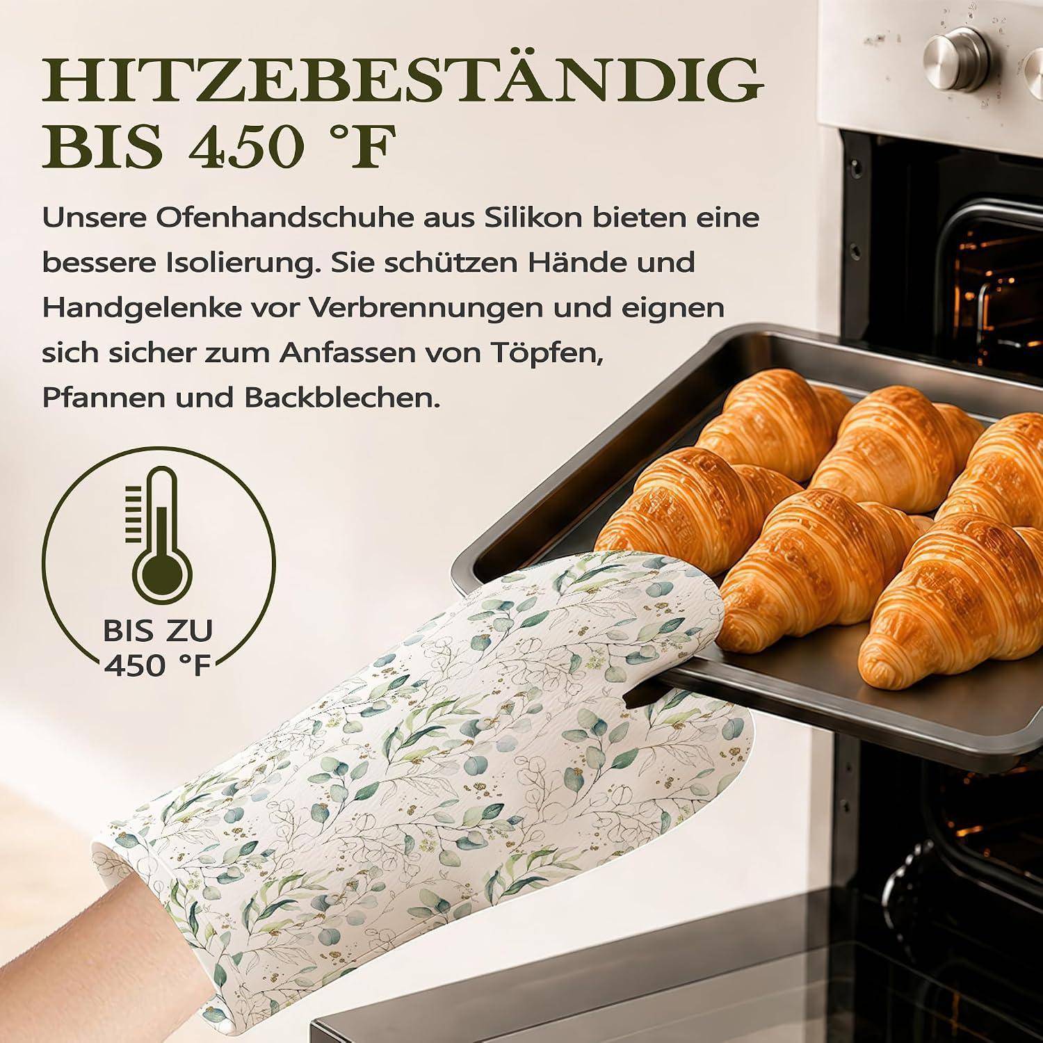 Silikon-Ofenhandschuhe, hitzebeständig bis 450°F, mit einer Hand, die ein Tablett mit Croissants aus dem Ofen nimmt.