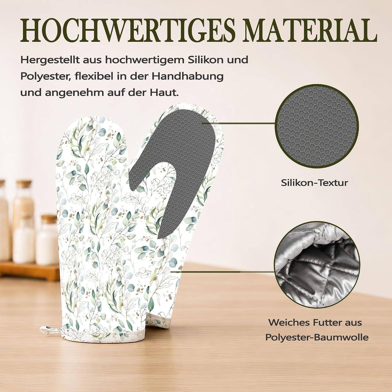 Werbebild eines floralen Ofenhandschuhs und einer passenden Topfuntersetzer aus Silikon und Polyester, mit Beschriftungen, die die Silikon-Textur und die weiche Polyester-Baumwoll-Fütterung zeigen.