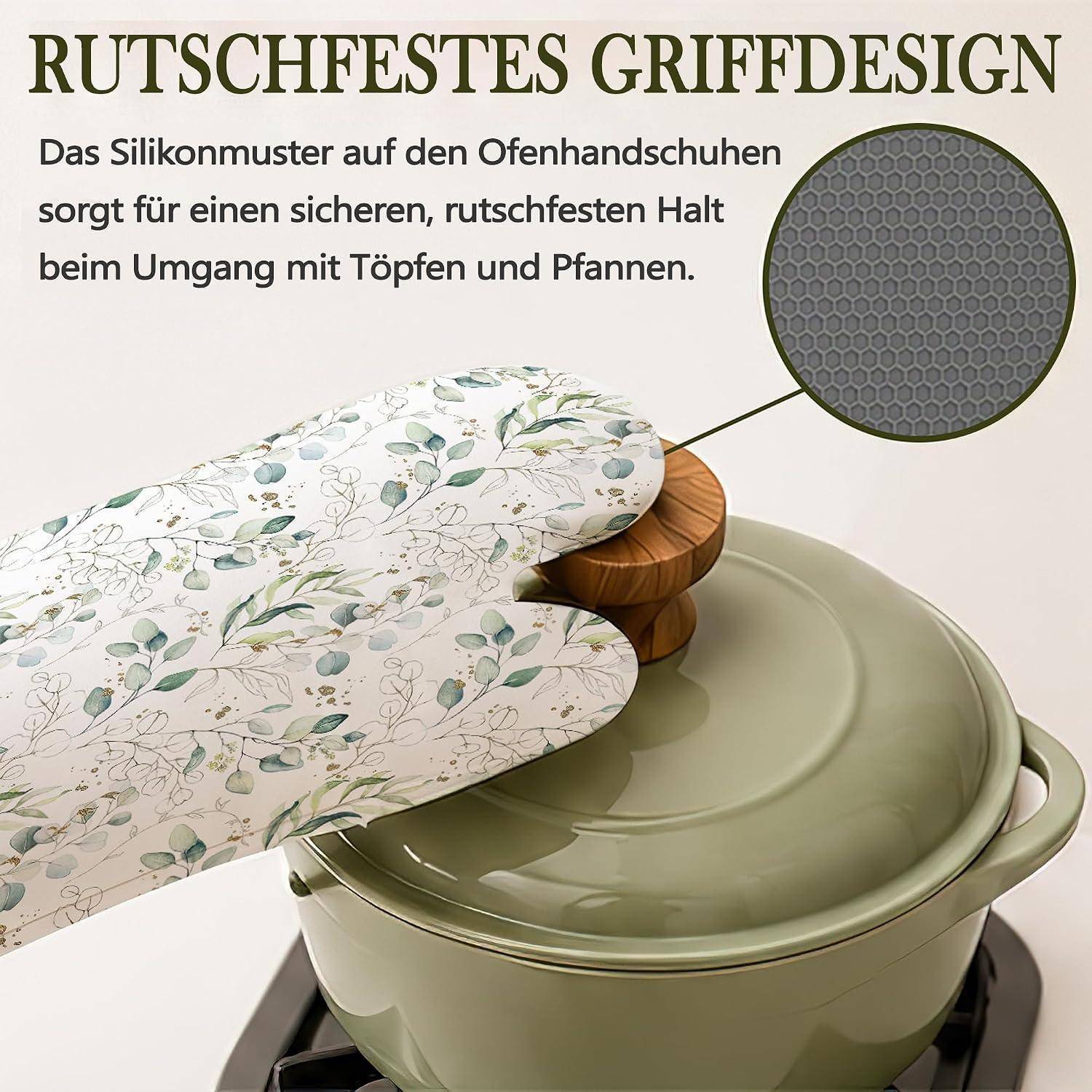 Illustration eines floralen Ofenhandschuhs, der einen Topfdeckel greift; deutscher Text hebt ein Silikonmuster hervor, das einen sicheren, rutschfesten Griff auf Töpfen und Pfannen bietet.