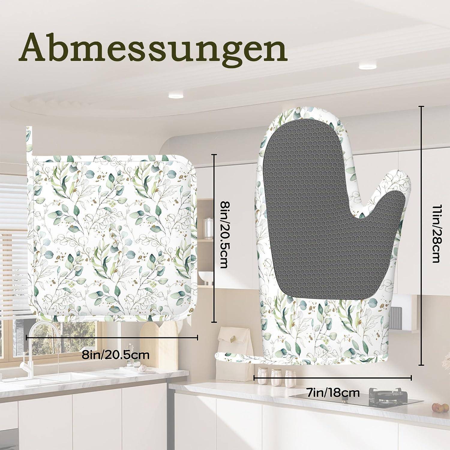 Illustrierte Größentabelle für einen gesteppten Ofenhandschuh und passenden Topflappen mit Maßangaben: Handschuh 11 Zoll/28 cm lang und 7 Zoll/18 cm breit; Topflappen 8 Zoll/20,5 cm quadratisch.