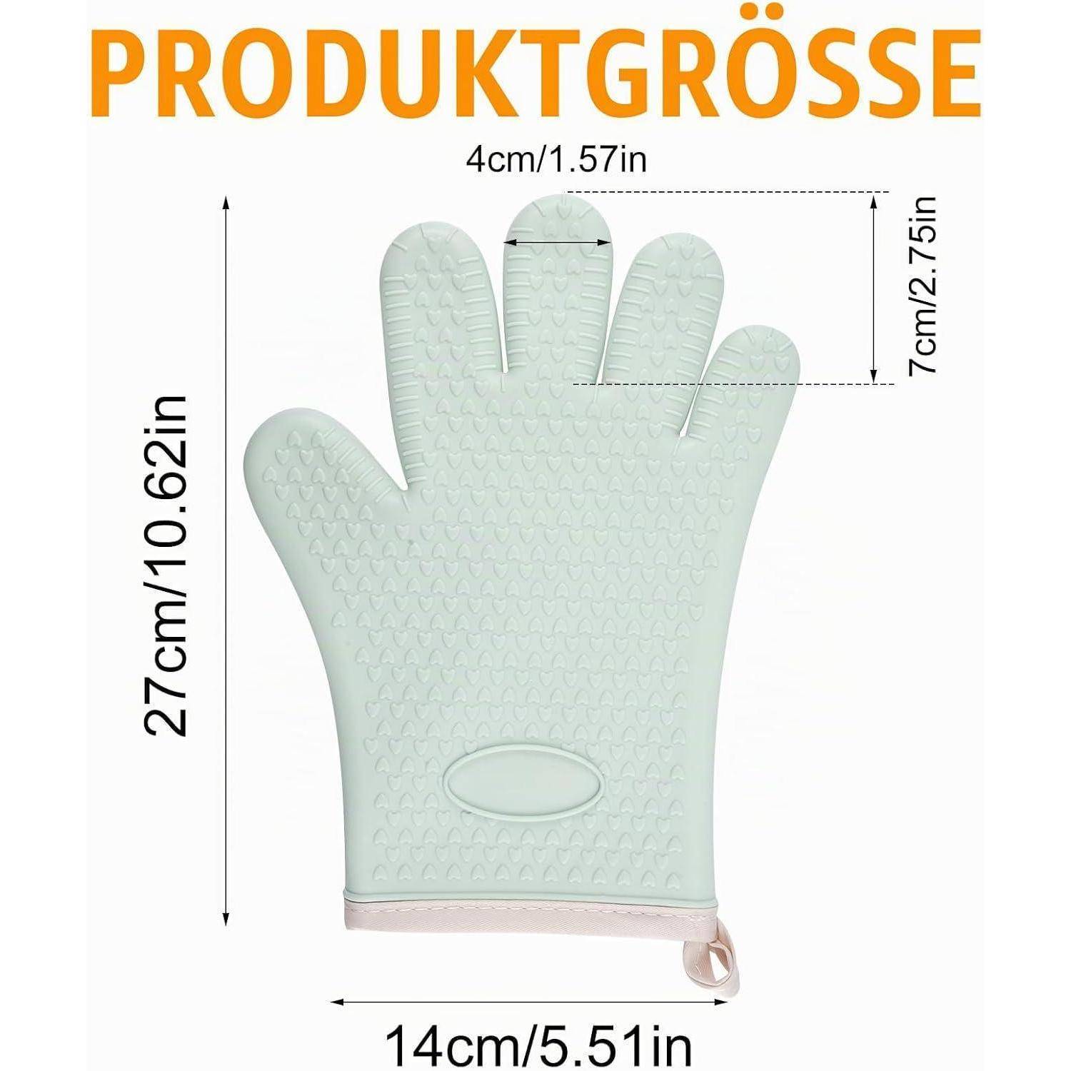 Größentabelle für einen fünffingerigen Ofenhandschuh: 27 cm Höhe, 14 cm Breite, 4 cm Fingerbreite und 7 cm Fingerlänge.
