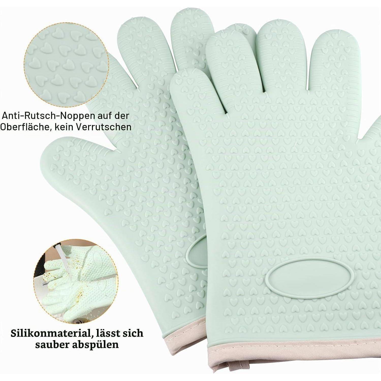 Mintgrüne Silikon-Ofenhandschuhe mit rutschfester Textur und wasserfestem Material; deutscher Text hebt die rutschsicheren Noppen und einfaches Ausspülen hervor.